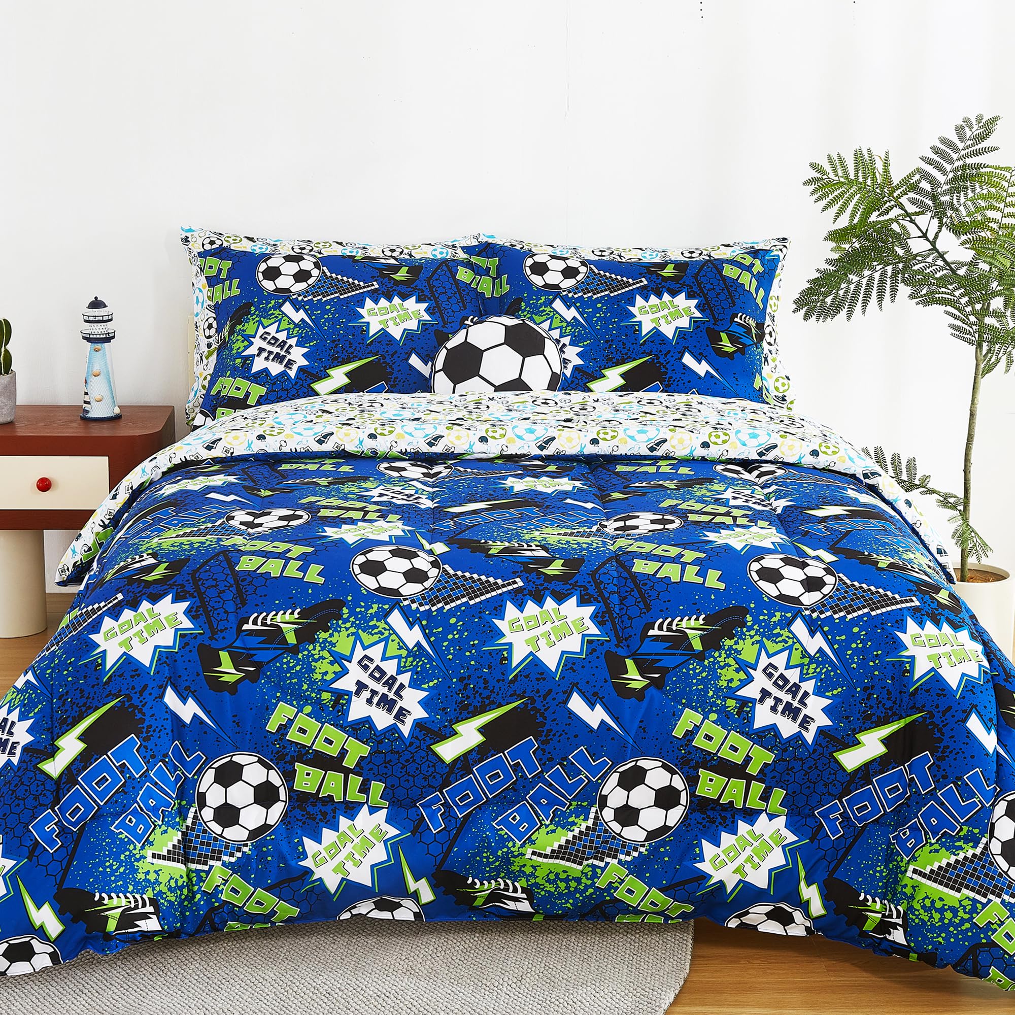 Mooreeke Kids Full Comforter Sets for Boys 8 Pieces Cool Football Bedding Set for Teens Microfiber Blue Green Soccer Kids Bed in A Bag with Comforter, Sheet Set, Shams and Decorative Toy Pillow
