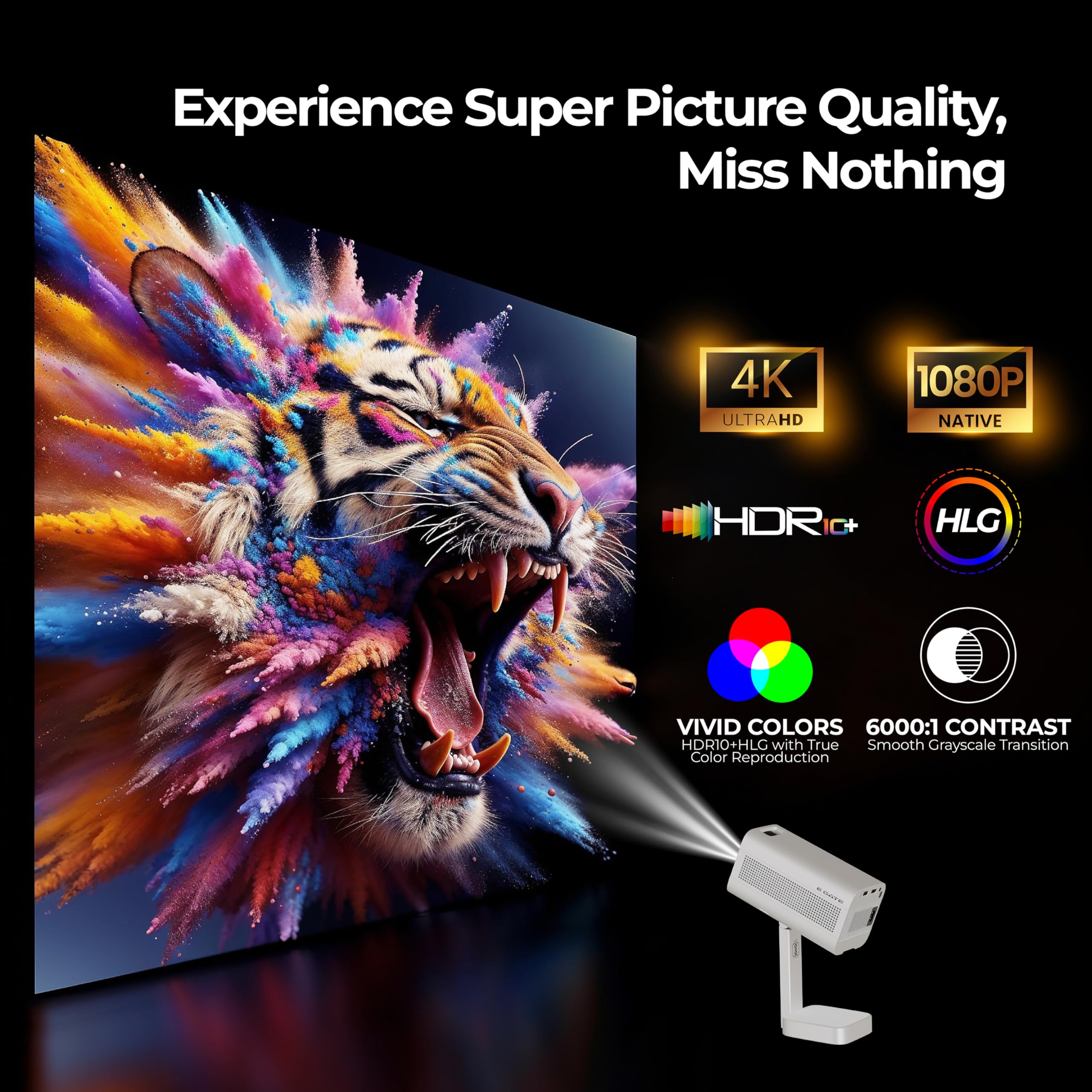 E GATE Atom 4X Automatic Projector 4k Ultra HD | Live TV | Android | Brightest 400 ISO | Native 1080p, Netflix, Prime | Precision Focus - Auto Keystone | USB-HDMI ARC+CEC | HDR+HLG | WiFi 6-BT | Egate — Amazon image 7