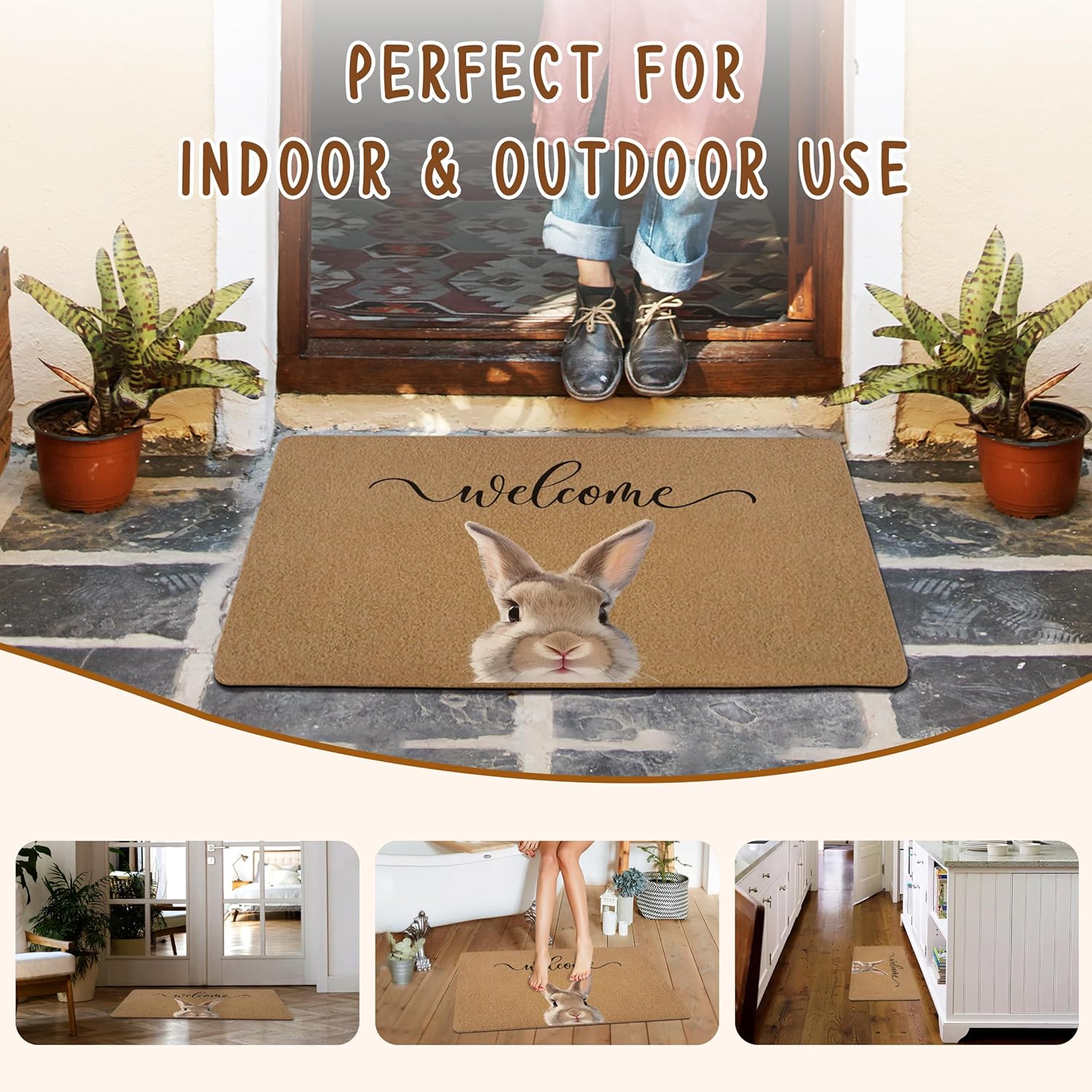 Easter Bunny Rabbit Door Mat, Easter Bunny Welcome Front Door Mat Outside Entrance, Farmhouse Rabbits Artificial Coir Doormat Rugs for Indoor Patio Porch Entryway Entry, 17x30 Inch
