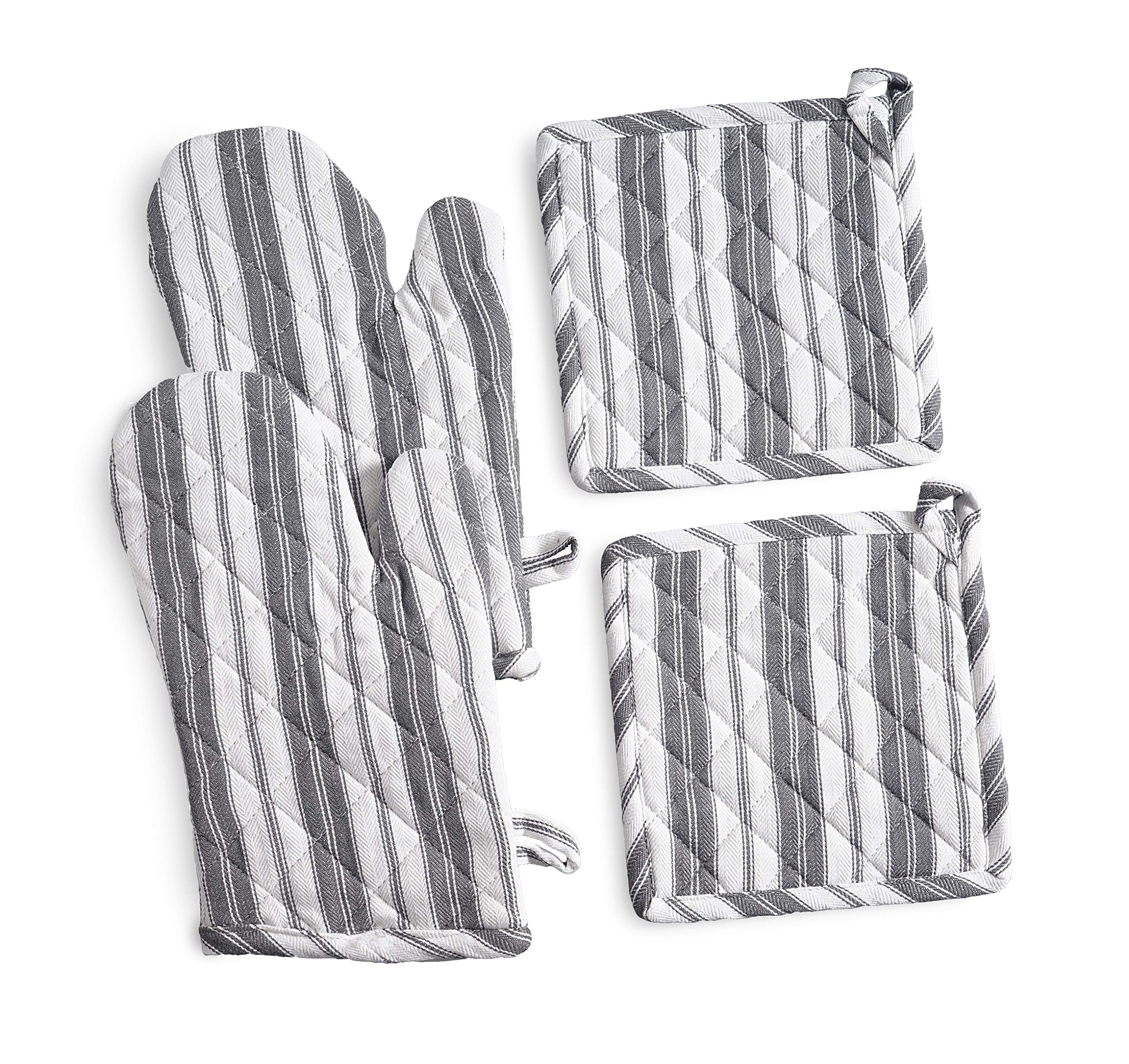 2 manoplas de horno de 18 x 32 cm y 2 juegos de agarraderas (20 x 20 cm), resistentes al calor con forro de rizo para manoplas, tamaño 18 x 32 cm y 20 x 20 cm, color gris oscuro