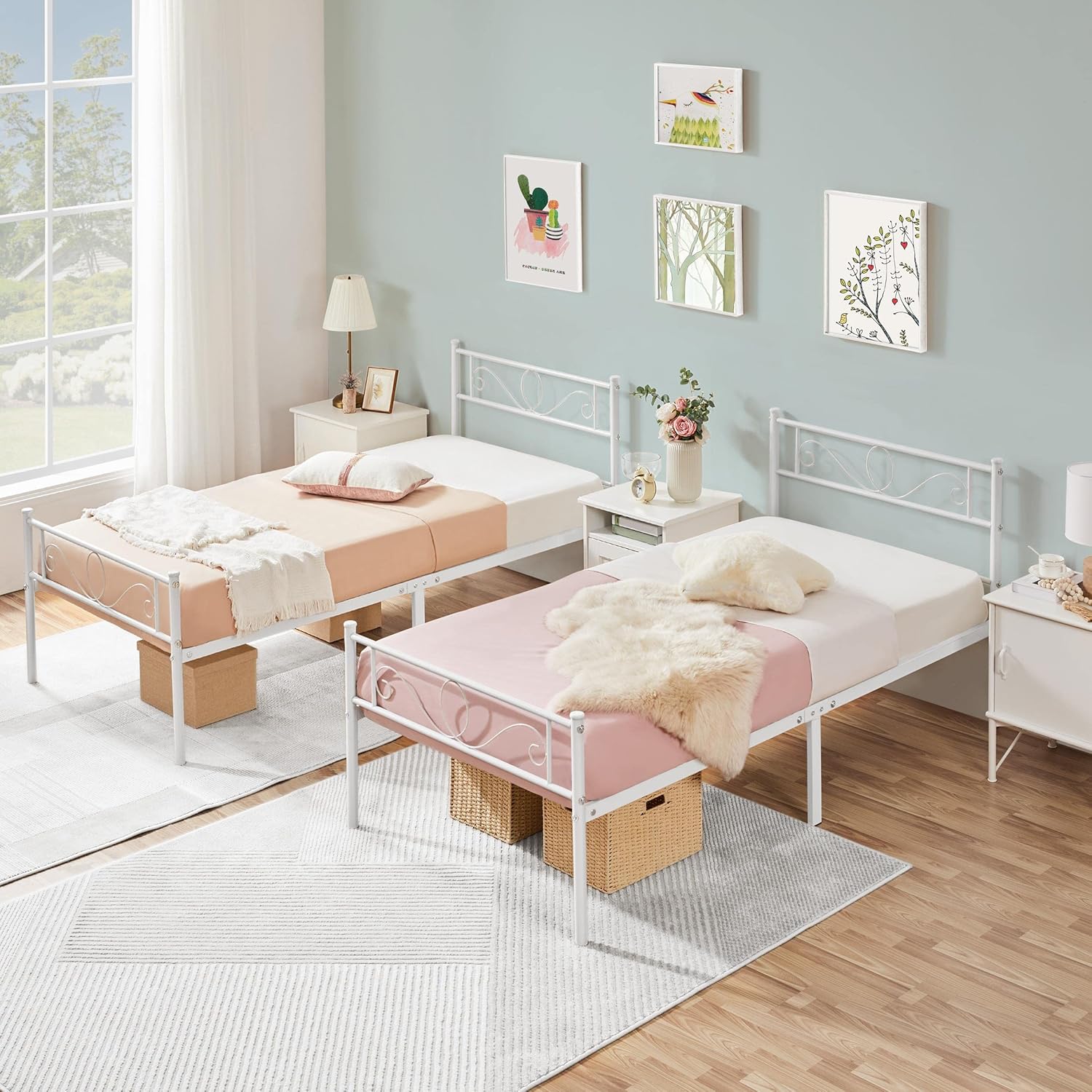 Yaheetech 2er Einzelbett 90 x 190 cm Metallbett mit Lattenrost, Modern Bettgestelle mit Kopfteil