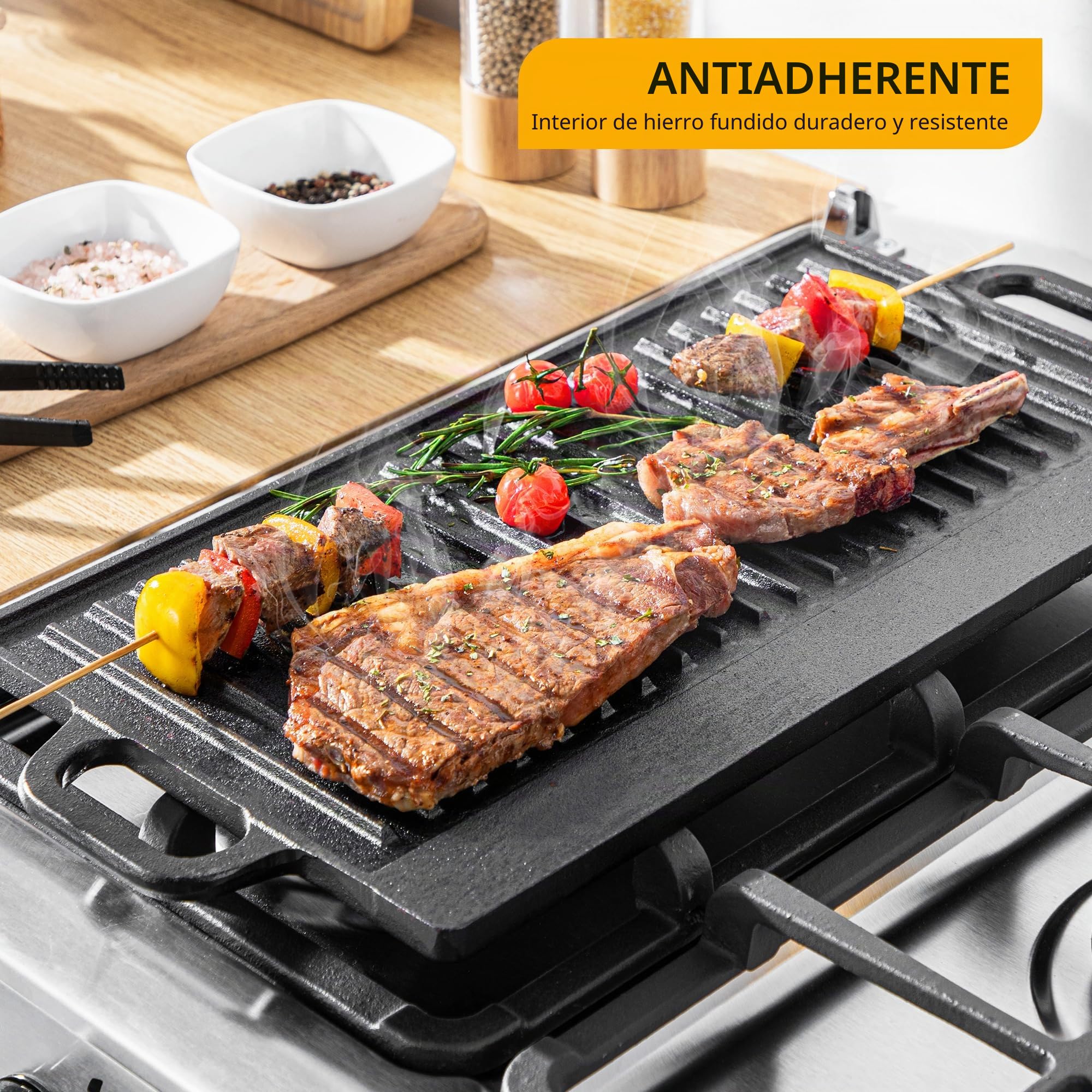 Velaze Placa de hierro fundido con asas, parrilla de hierro fundido de doble cara, de para barbacoa de gas y parrilla eléctrica, sartén para barbacoa, camping, jardín – 42 x 23 cm
