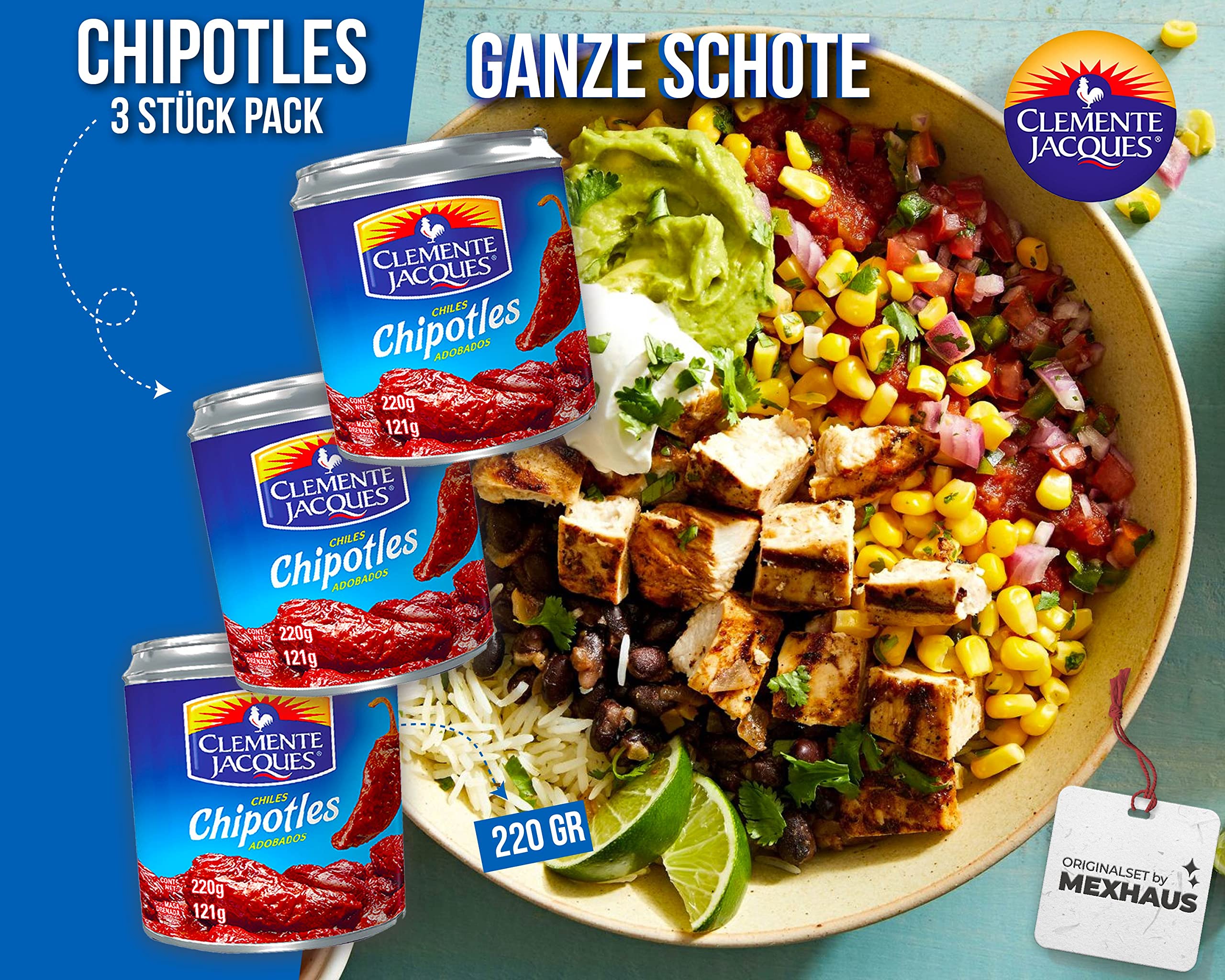 Chipotles in Adobo Clemente Jaques 220 g (lot de 3) Sauce épicée du Mexique Viva Mexico Collection by Mexhaus
