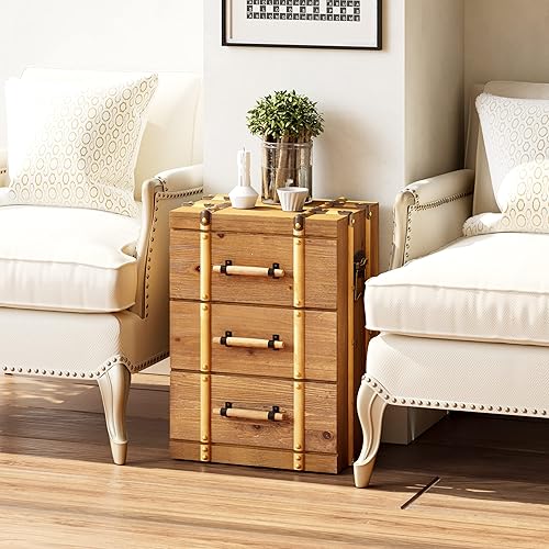 Miniatura 7 de Juego de 2 mesitas de noche vintage de mediados de siglo con 3 cajones, mesa auxiliar de madera maciza envejecida para sala de estar, dormitorio,