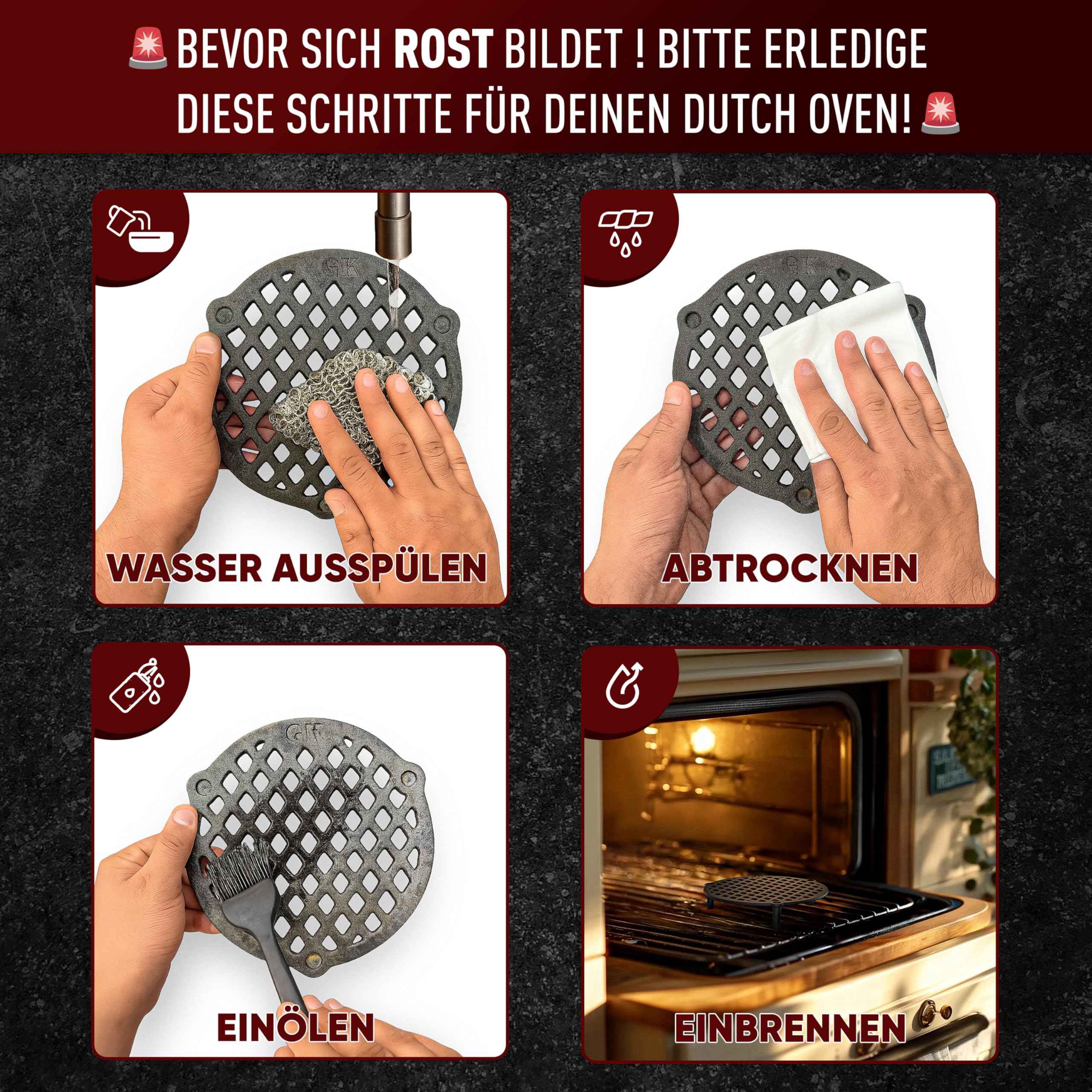 GUSSKÖNIG Gusseisen Stapelrost für 7 Liter Dutch Oven [Ø 22cm] - Einsatz für DutchOven - Staple Grate - Grillrost Dreibein Gusseisen DutchOven Untersetzer - Dutch Oven Zubehör