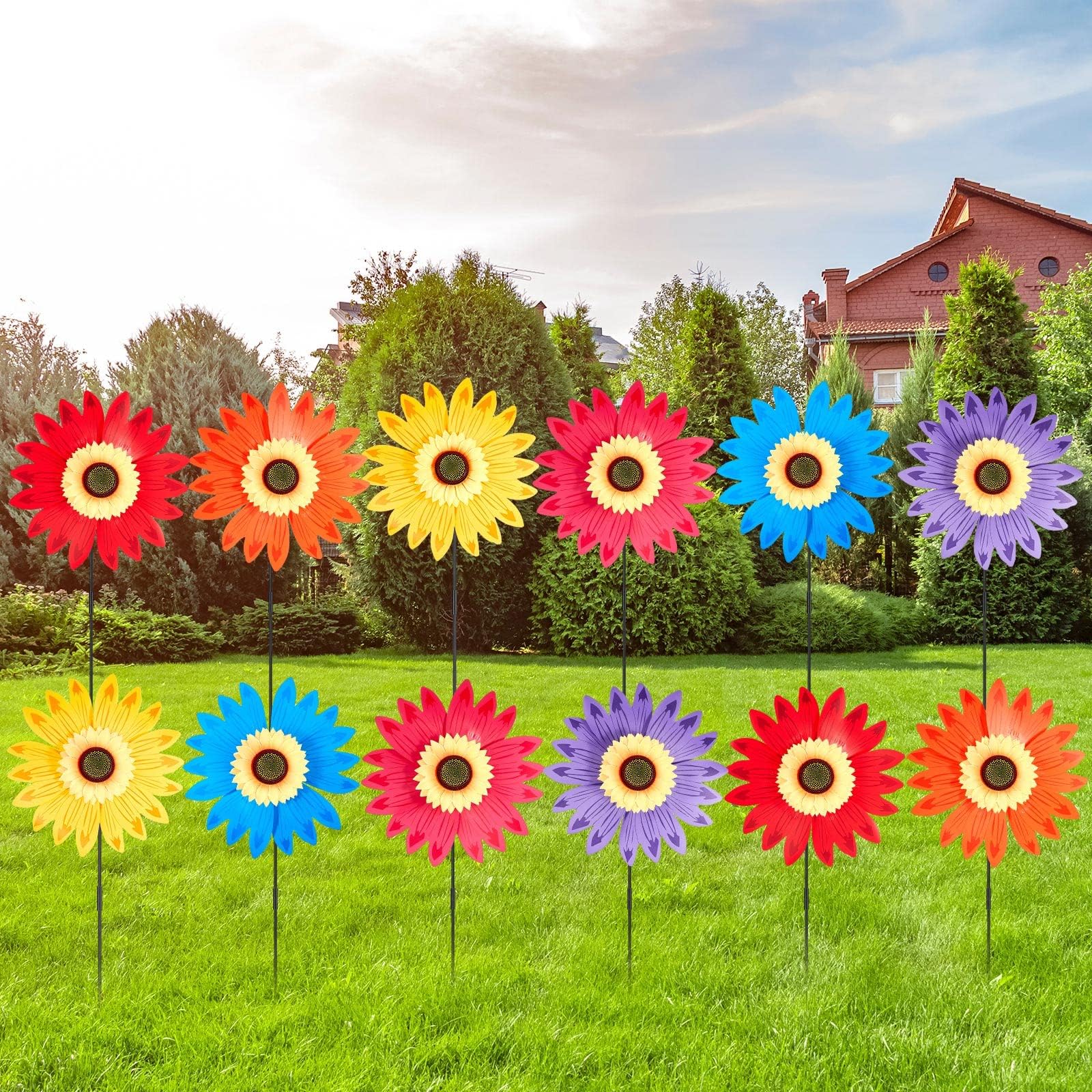 Leyndo 12 Pcs Sunflower Lawn Pinwheels Wind Spinners 14