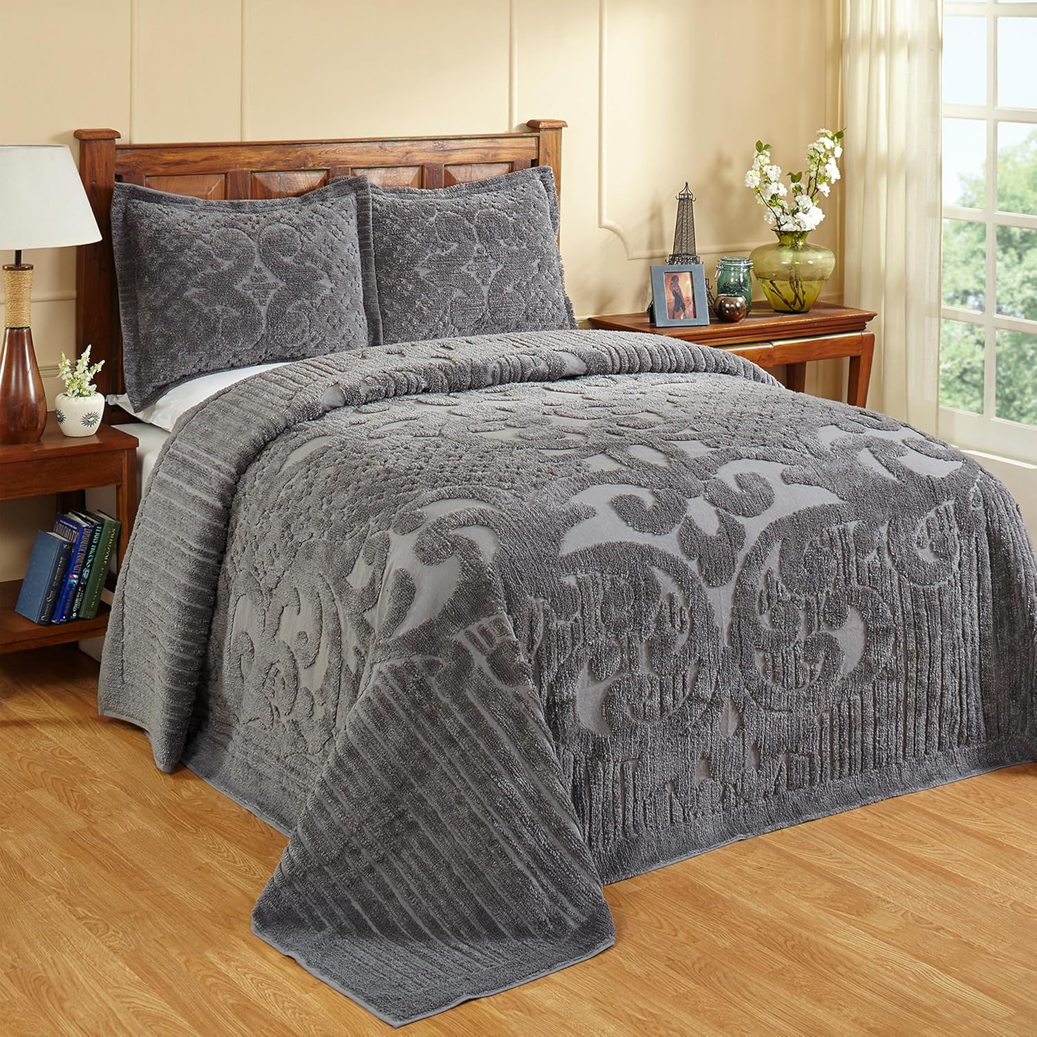 Better Trends 1 Piece Bedspread 100% Cotton Chenille Bedspreads Coverlet Luxurious Medallion Pattern Bedspread Queen Size 102" X 110" Soft Lightweight Gray Tufted All Season Bedding Ashton Collection Queen Bedspread Gray