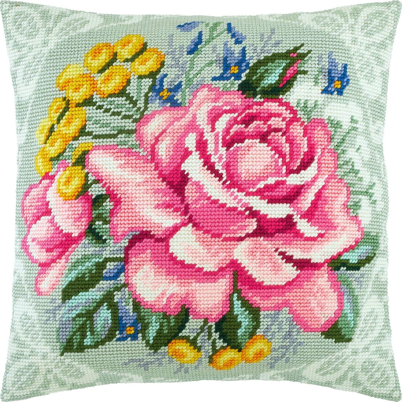 Brvsk Floral Embroidery Kit for Adults and Beginners — Bouquet of Spring 16″ × 16″ with Clear, Precise Printed Design on Cotton Canvas; Includes 2 Needles, Yarn, and Easy-Read Chart