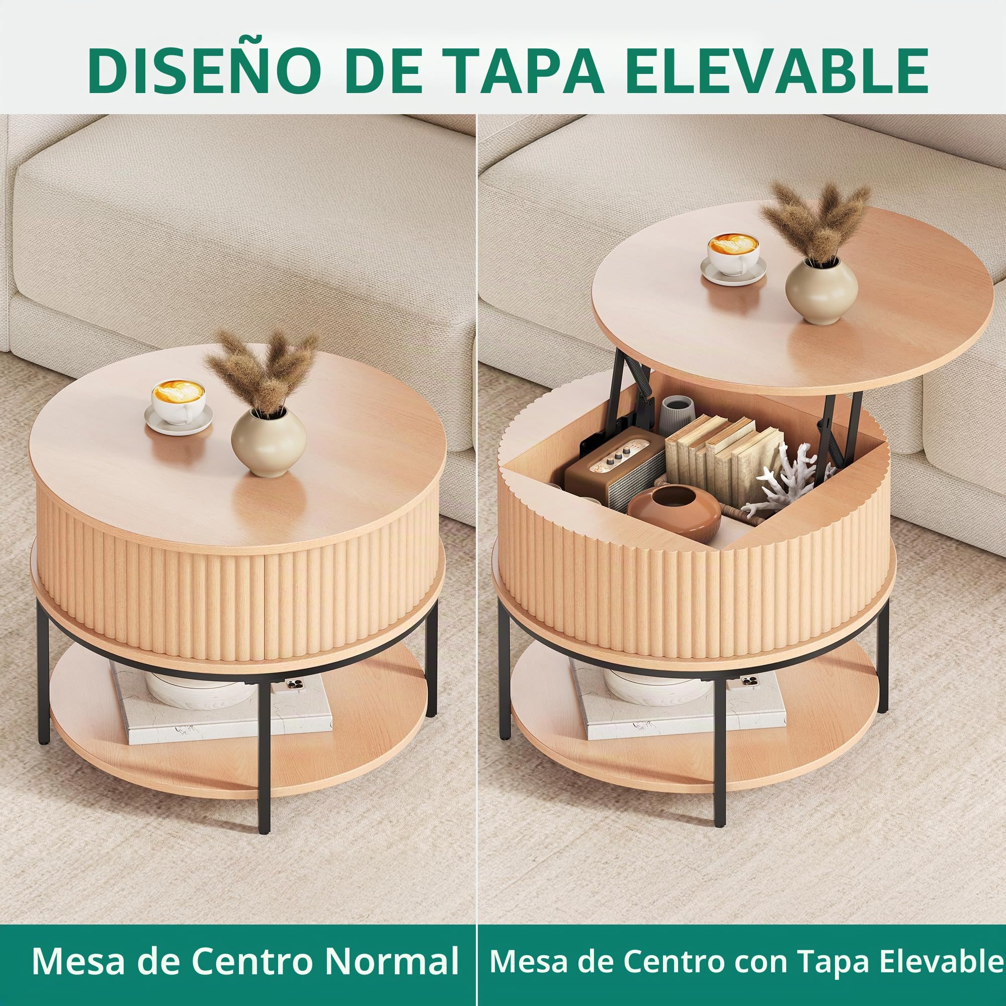 YITAHOME Mesa de Centro Elevable, Mesa Centro Redonda con Espacio de Almacenamiento de Dos Niveles, Mesa de Café Acanalada con Diseño Acanalado y Almacenamiento Oculto para Salón, Color Roble