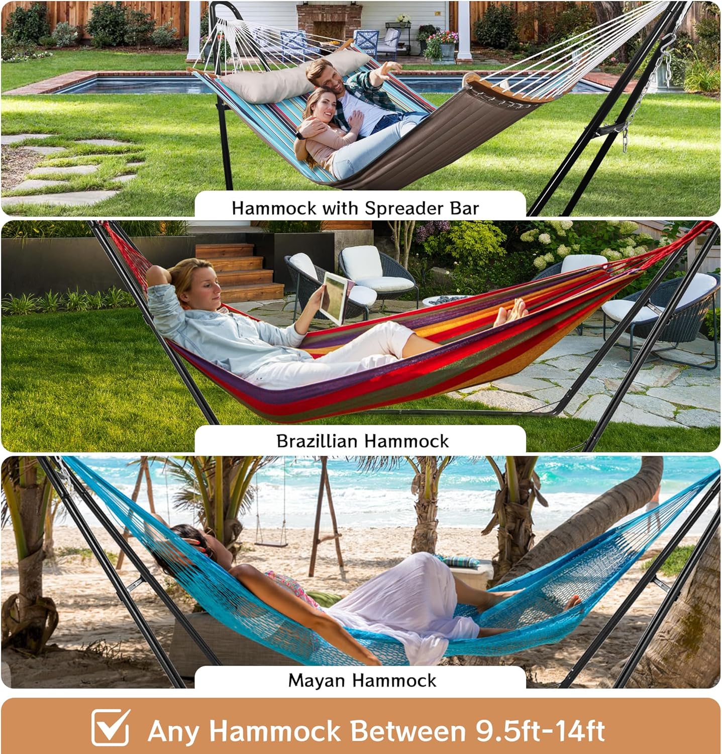 Double Hammock, 11 FT Quilted Fabric 2 Person Hammock for Outside with Pillow and Stand, Folding Curved Spreader Bar, Chains, Carrying Bag, Indoor Outdoor, 450 IB Capacity, JeansBlue