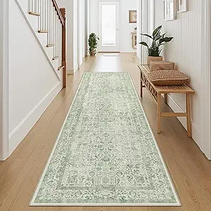 Runner Rug 2x8 Sage Green Hallway Washable Vintage Distressed Kitchen Carpet Non Slip Neutral Low Pile Retro Floral Farmhouse Long Throw Rug Entryway Bathroom Office Laundry Dining Room
