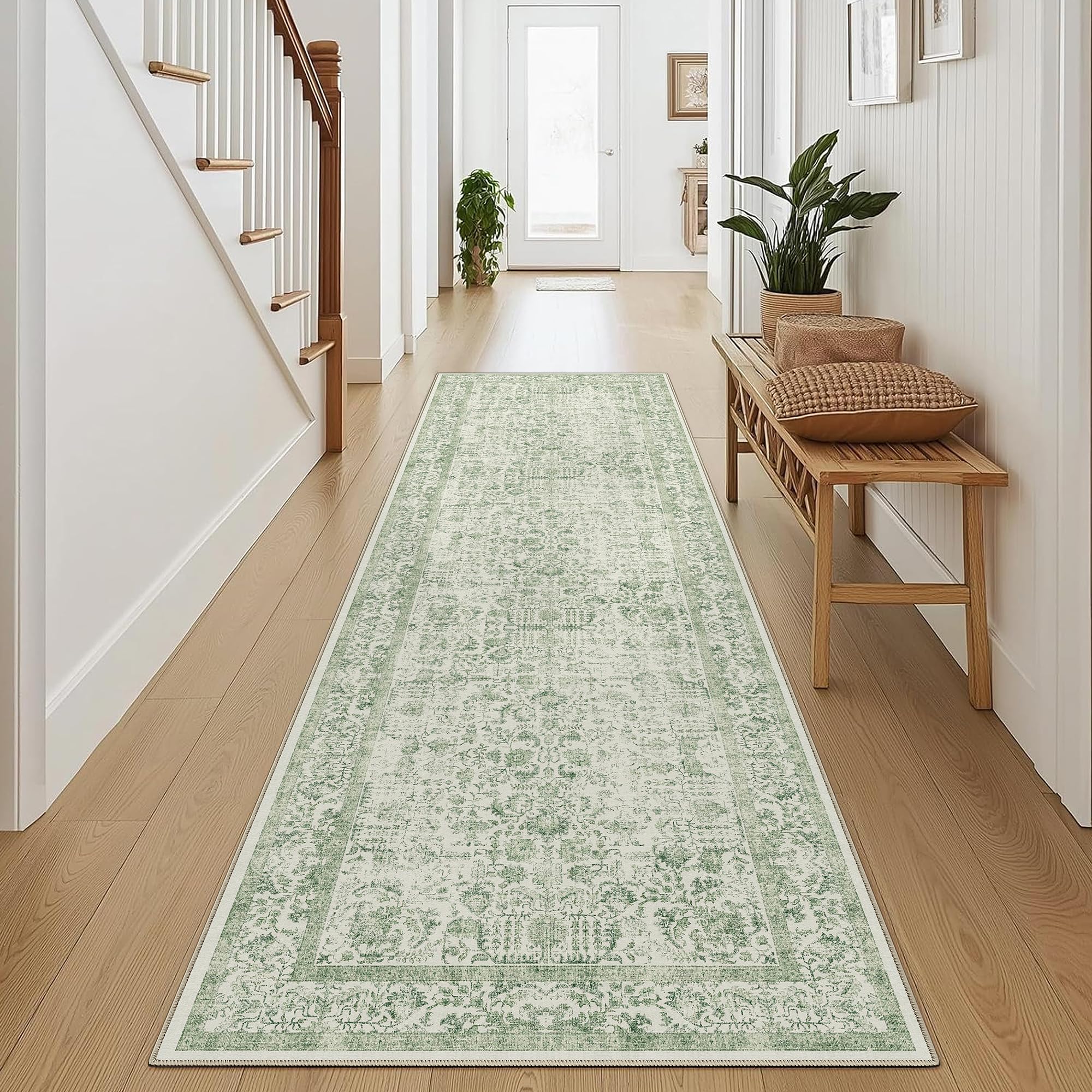 HUGEAR Vintage Passatoia Tappeto Corridoio Verde Tappeti 60x240cm Cucina Antiscivolo Lavabile in Lavatrice Tapette Camera da Letto Scendiletto Cameretta Ufficio Pelo Corto Lungo Carpet