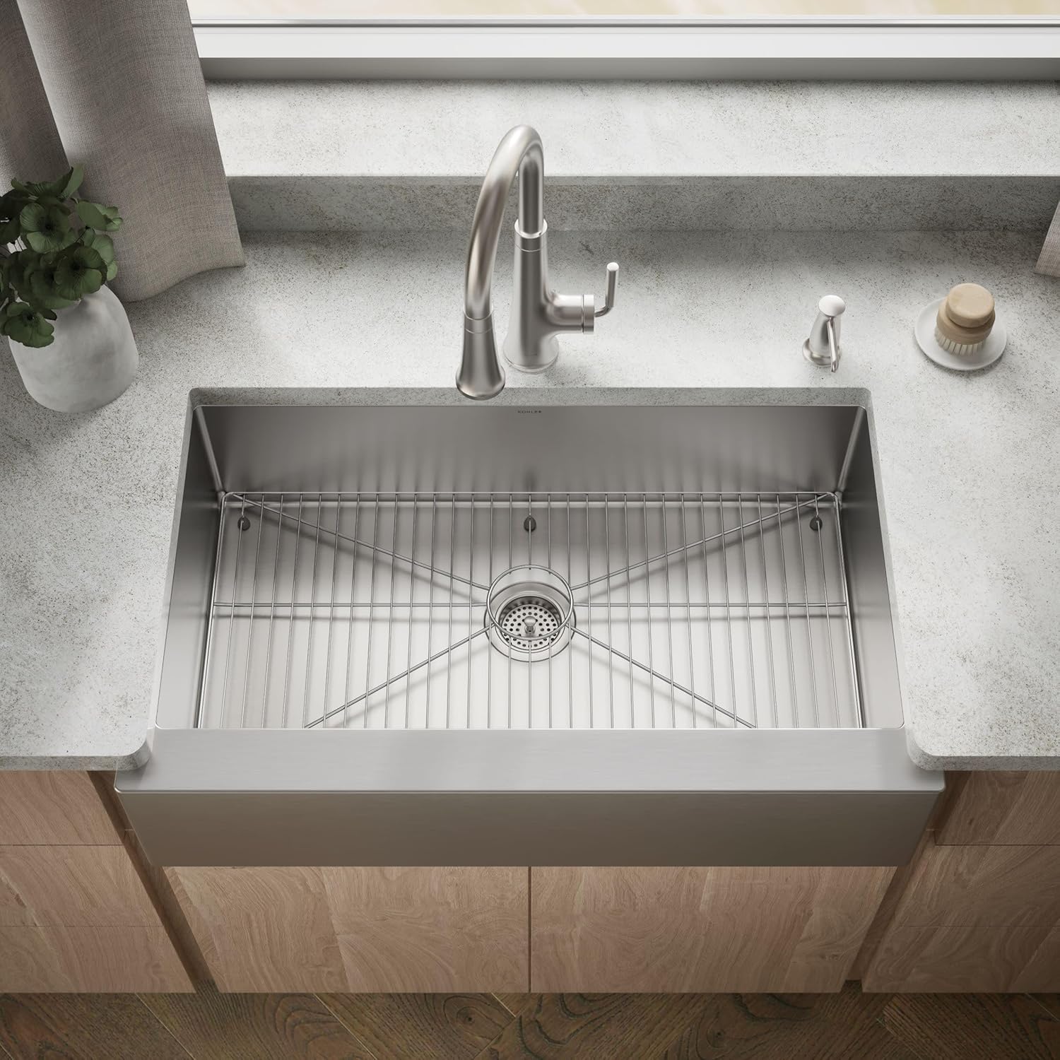 KOHLER Strive® 35-1/2" Large Single-Bowl Farmhouse Undermount Kitchen Sink with Tall Apron, Self-Trimming, Stainless Steel Kitchen Sinks, K-5415-NA