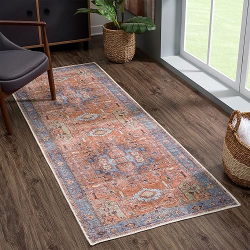 Bloom Rugs - Alfombra lavable de 10 pies color terracota y azul tradicional tapete desgastado para entradas, pasillos y cocinas