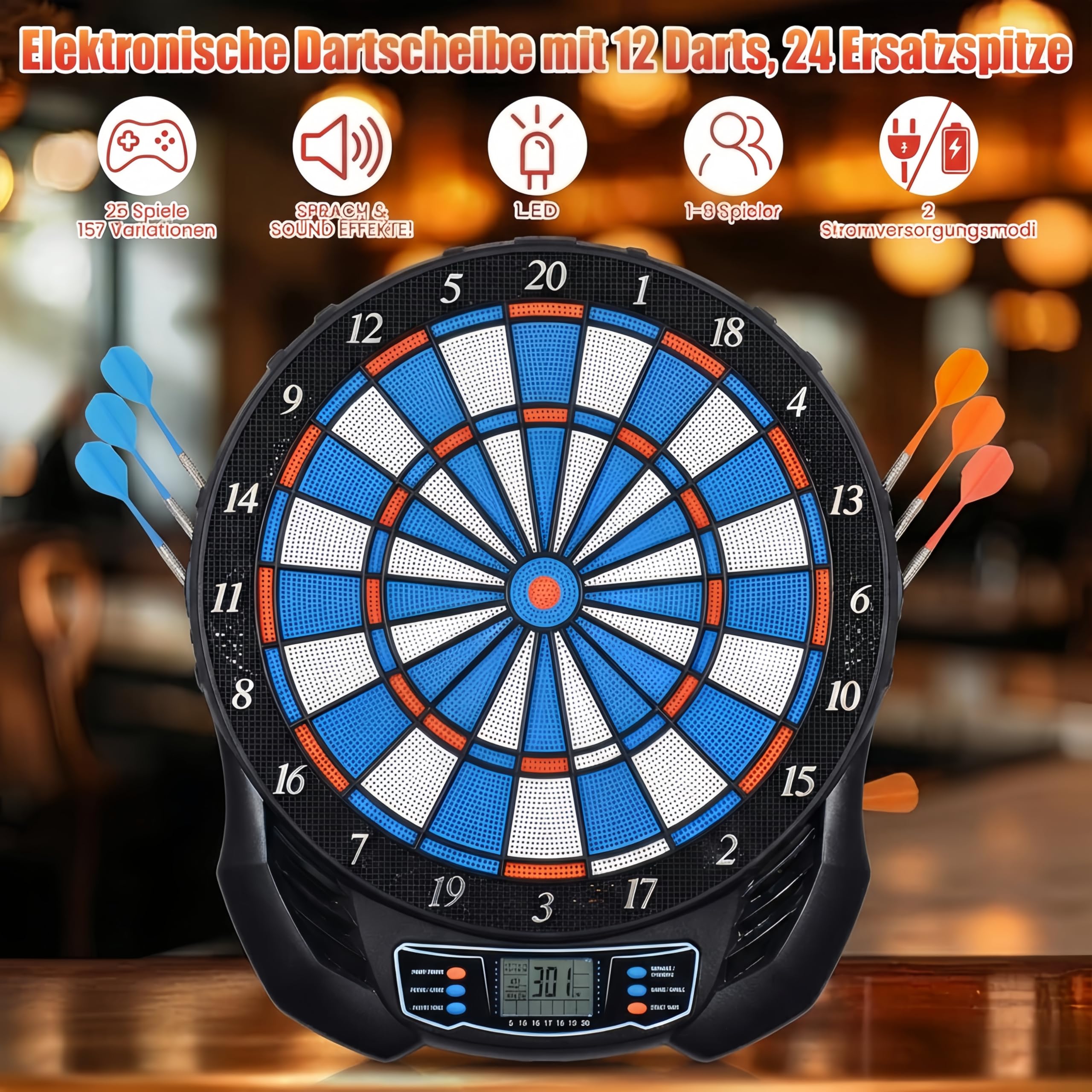 Elektronische Dartscheibe mit 2 Stromversorgungsmodi Dartboard mit 12 Darts,24 Ersatzspitze Dartscheibe Elektronisch mit 25 Spiele LED-Anzeigen,157 Variationen für 8 Spieler