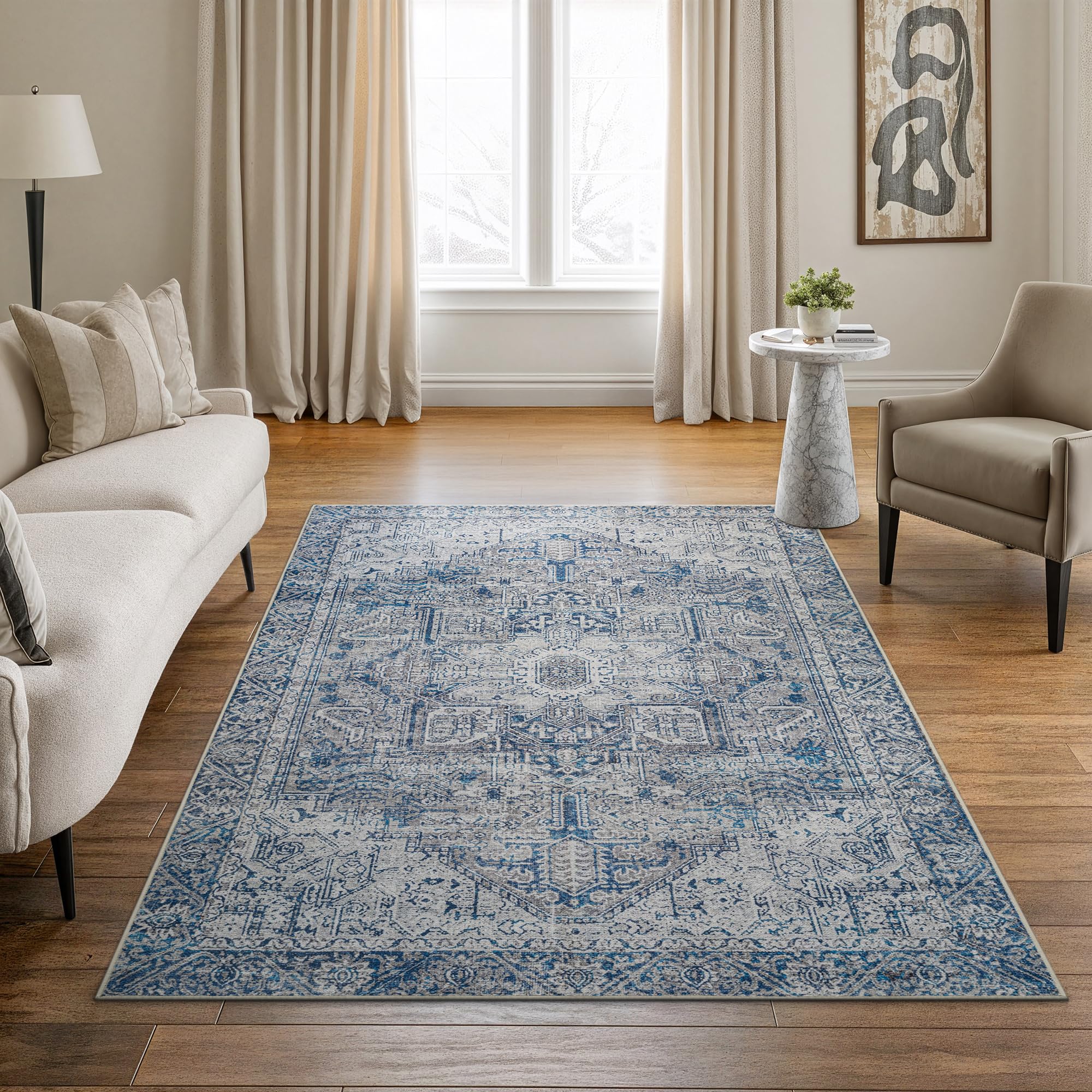 Bloom Rugs Washable Non-Slip 5' x 7' Rug - Blue/Gray Traditional Area Rug for Living Room, Bedroom, Dining Room, and Kitchen - Exact Size: 5' x 7'