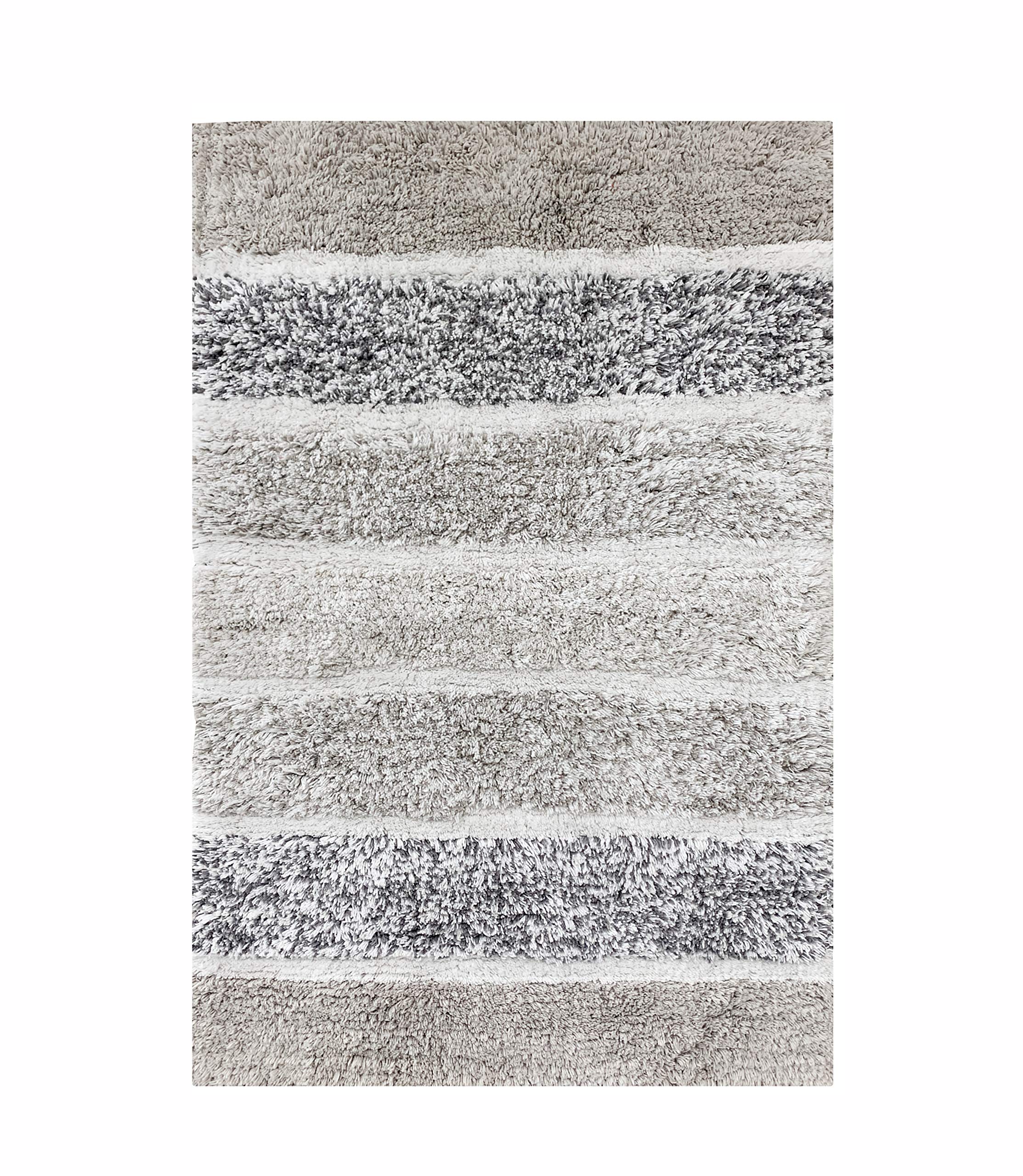 Ramanta Home Quilted Stripe 100% Cotton Bath Rug Set of 2 - Light Grey, Anti Skid Super Soft Absorbent Bath Mats for Bathroom, Shower, Kitchen, Entryway, Machine Washable - 21x32 & 17x24 Inch
