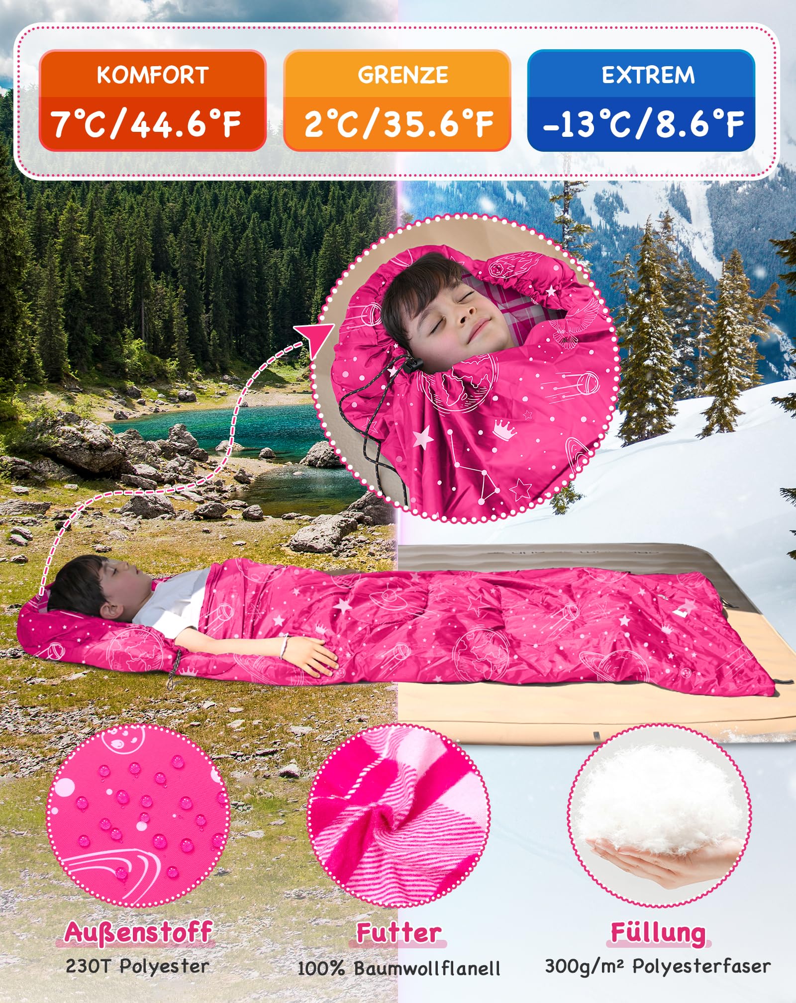 KingCamp Kinderschlafsack Flannel,Leicht, Wasserdicht und Kompakt,Schlafsack Winter,Deckenschlafsack 4 Jahreszeiten,Camping Zubehör,Geeignet für Kinder unter 140cm Größe, Komfort: 7°C