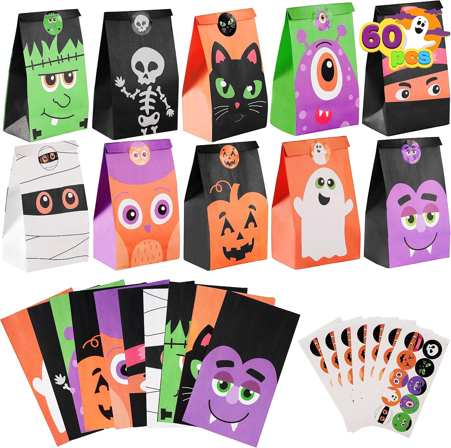 JOYIN 60 PCS Halloween Treat Bags, Goodie and Candy Bags with Stickers Party Supplies Trick or Treat for Kids Halloween Party Favors Exchange, Holiday Pastries Supplies