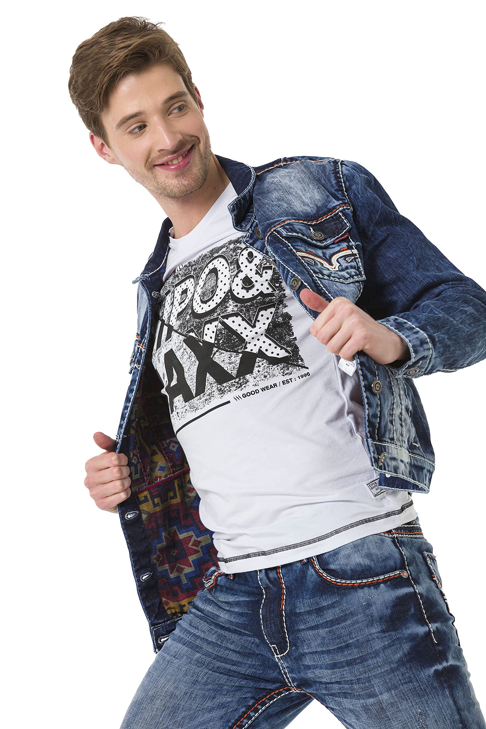 Cipo & Baxx Herren Jeansjacke Series – Klassische Denim, Leder, Sport Verschiedene Jackenmodelle – Knopf und Reißverschluss – Sweat-Kapuze und Sweatärmeln – mit Modernen Komfort-Details