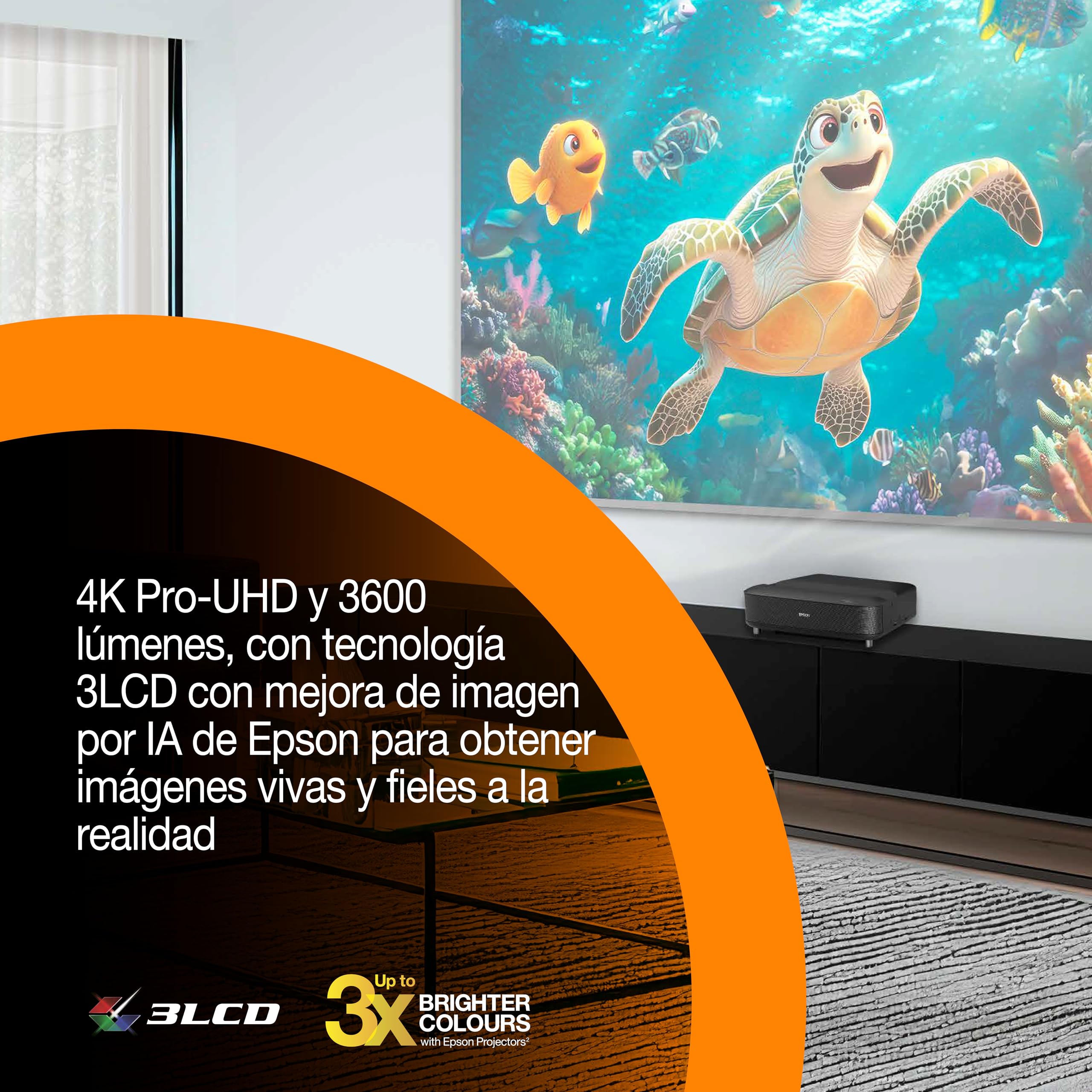 Epson Lifestudio Grand EH-LS670B | Proyector láser Smart TV de Distancia ultracorta | 4K Pro‑UHD | 3600 lúmenes | Imágenes con IA | Sound by Bose | Google TV | hasta 120″ | Garantía de 5 años | Negro