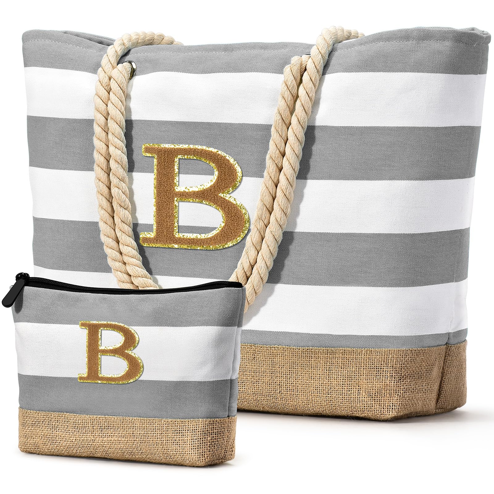 Becokan Beach Bag Initial Beach Tote with Makeup Bag for Travel Work Storage Personalized Birthday Gifts for Women Her