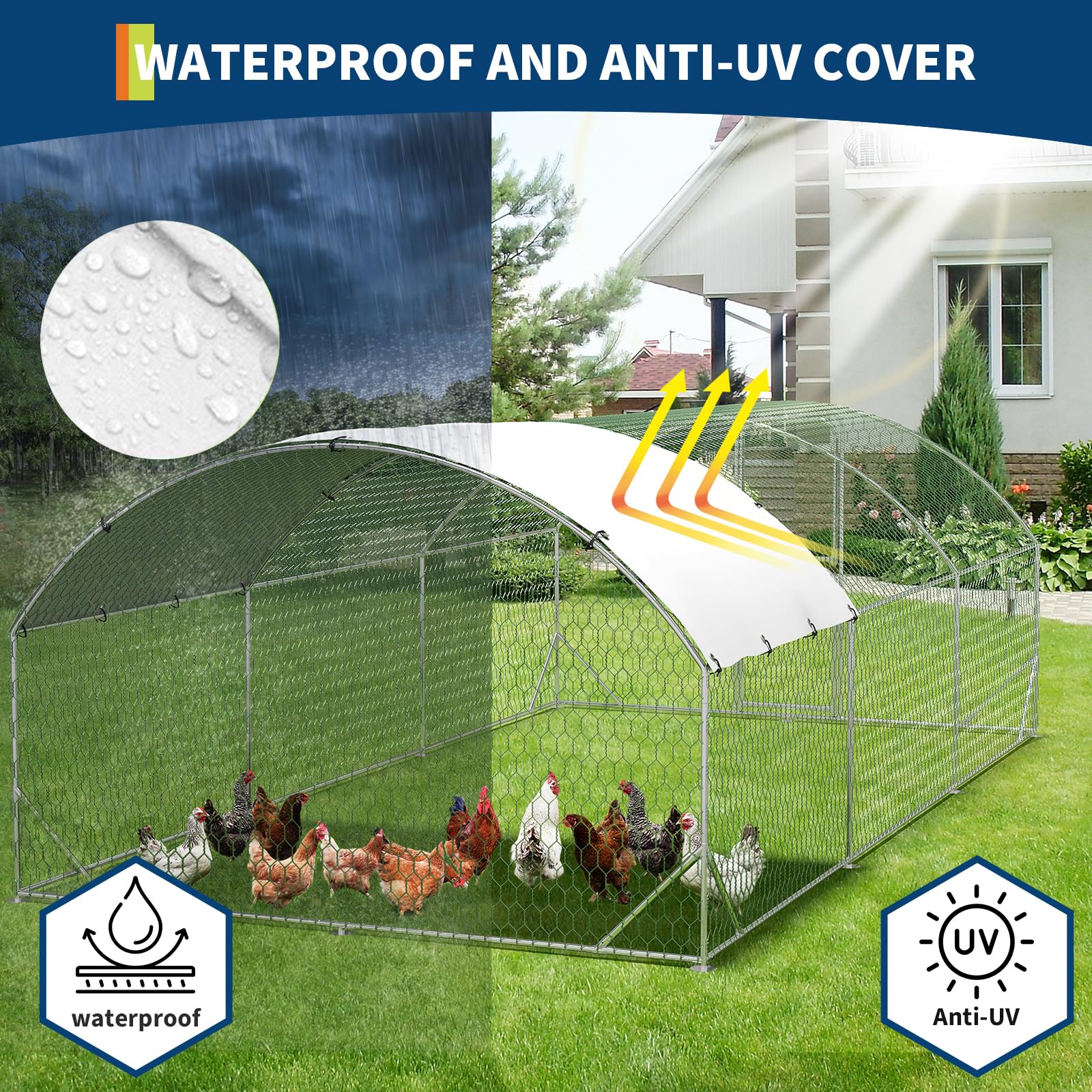 Gallinero de metal con paseo, jaula para aves de corral al aire libre con puertas dobles, cubierta resistente a la intemperie y a los rayos UV para pollos, patos, gansos, conejos, patio trasero o uso