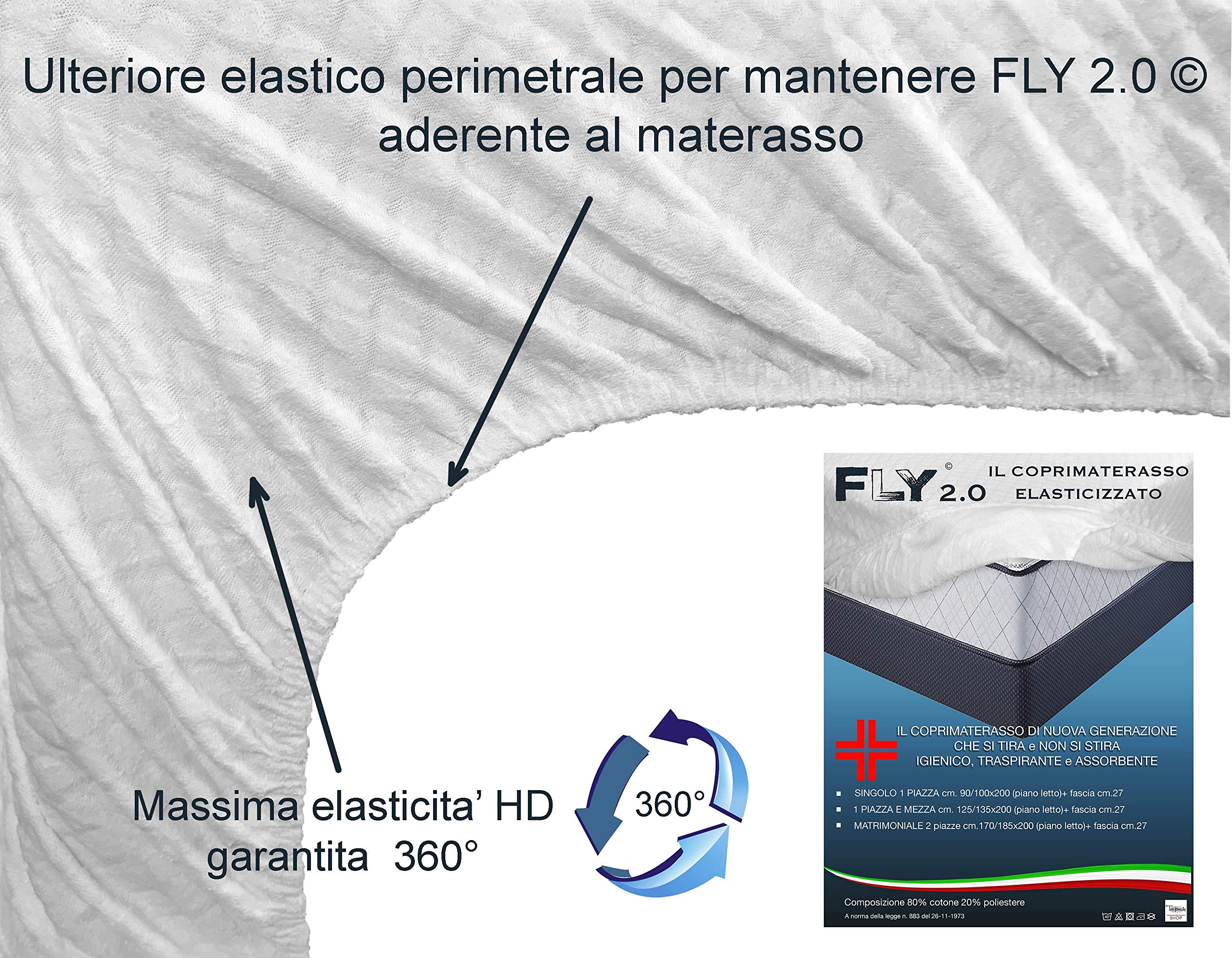 Coprimaterasso Elasticizzato Fly 2.0 Spugna Jacquard con Angoli, Traspirante, Anti-piega, Lavabile, Fresco e Caldo, Adattabile a Tutti i Materassi - MATRIMONIALE 2 PIAZZE