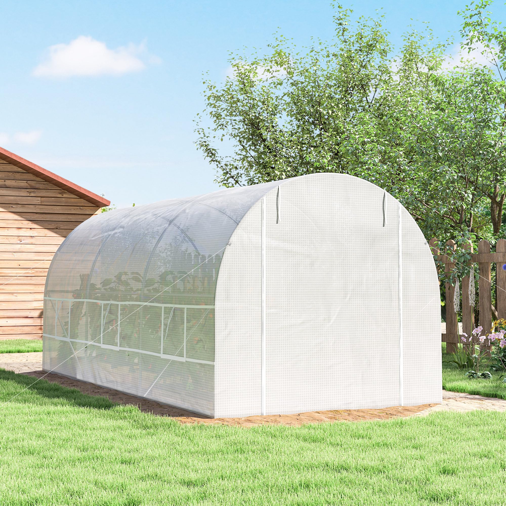 Outsunny Serre Tunnel de Jardin 9m², Serre de Jardin Tunnel 445x200x200cm avec Porte et 6 fenêtres, pour extérieur, Toutes Saisons, légumes, Fruits, Fleurs, bâche PE Haute densité 140 g/m² Blanc