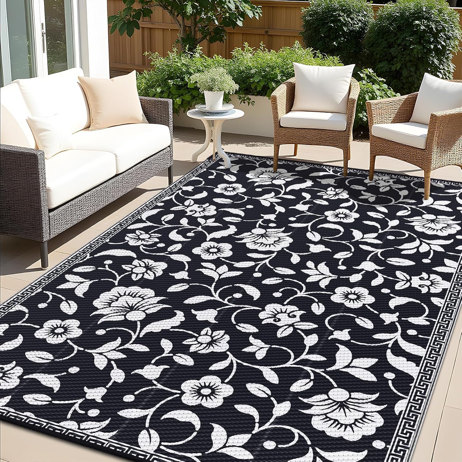 smiry Outdoor Rug Waterproof Large Garden Rugs UV-Resistant Outside Patio Carpet Reversible Plastic Straw Mat for Balcony, Camping, Picnic, Backyard- 180 x 270 cm, Black & White - Flower