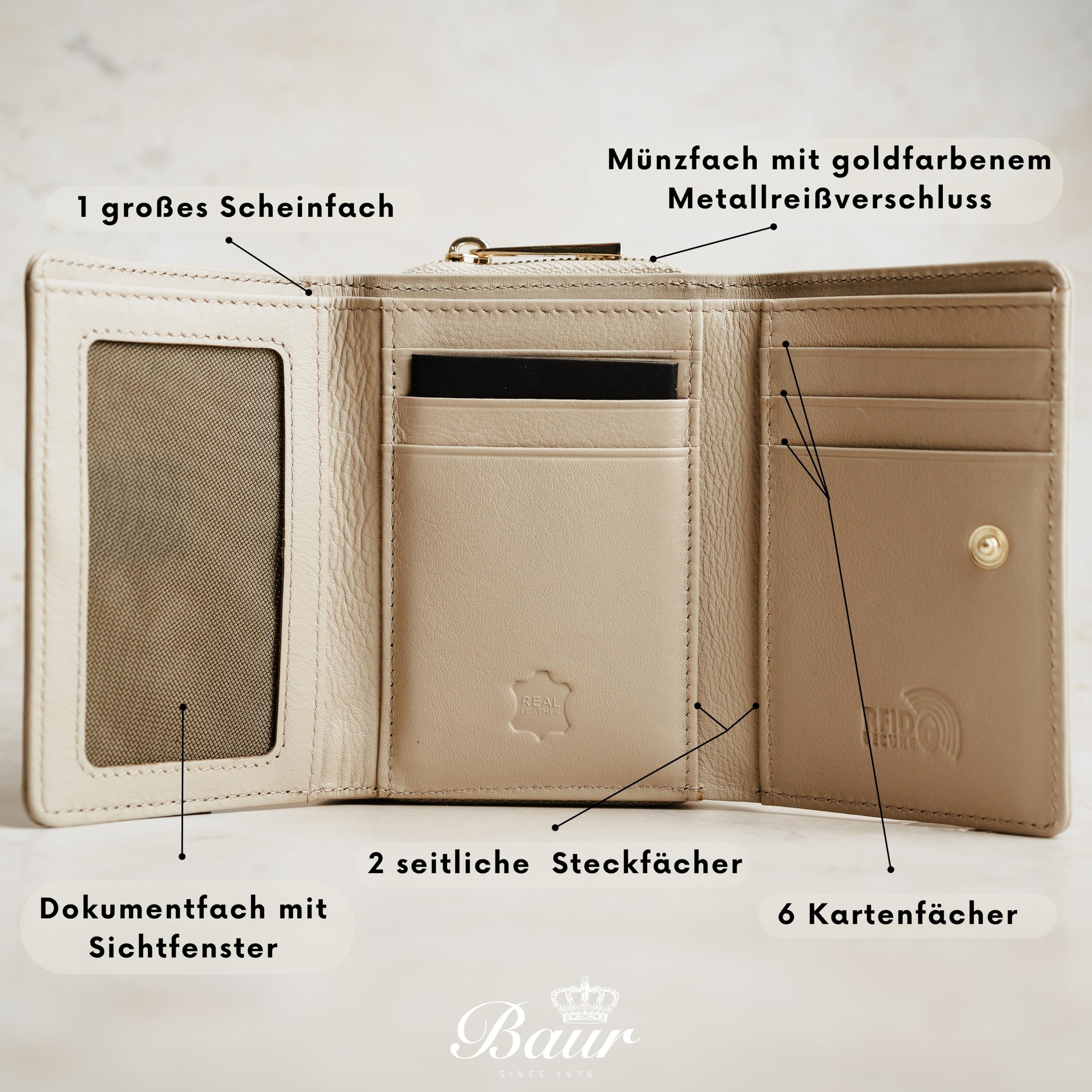 Baur Damen Geldbörse – Echtes Nappaleder mit RFID-Schutz – Portemonnaie mit Druckknopfverschluss, 6 Kartenfächern und Münzfach mit Metall-Reißverschluss (Creme, Gold Reißverschluss)