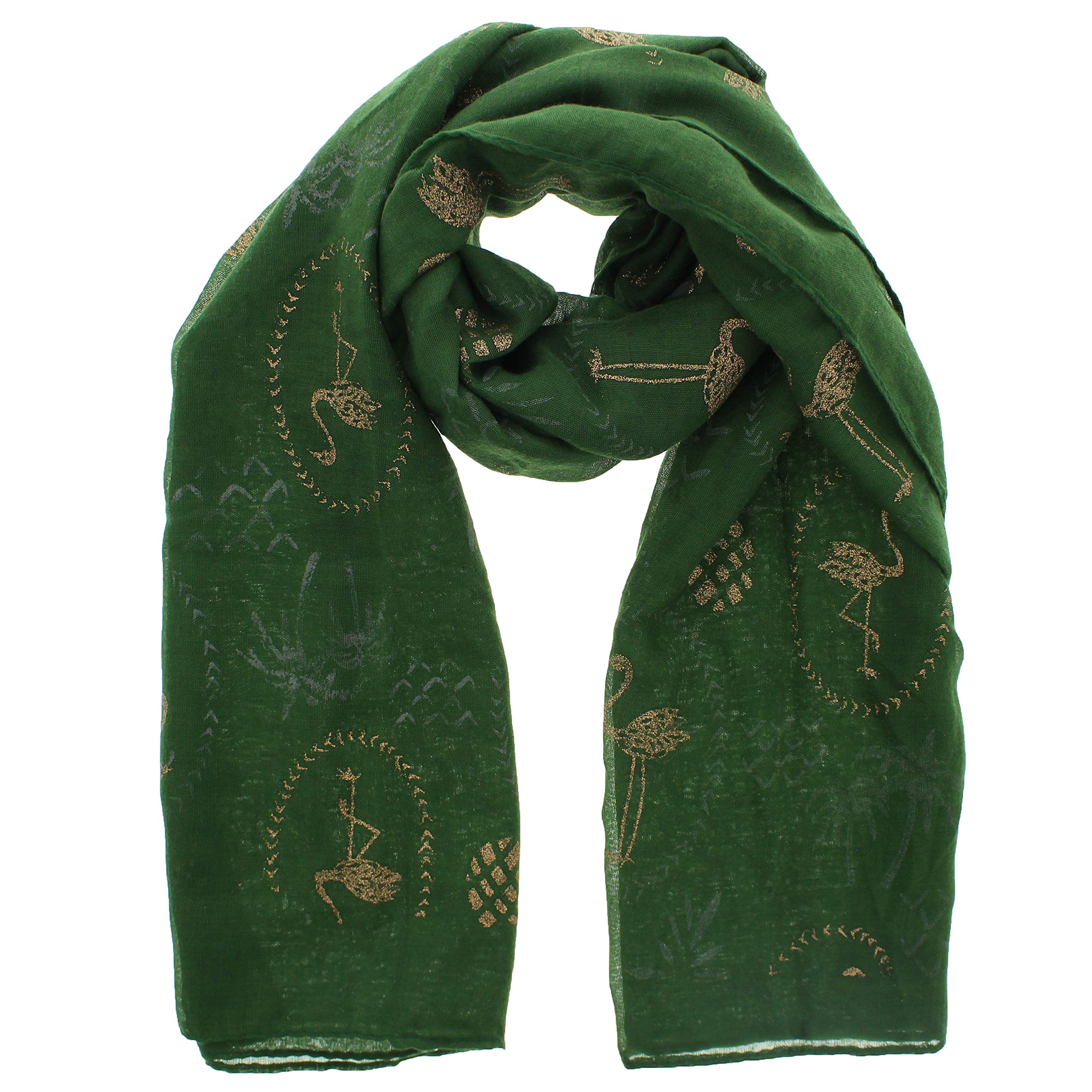 Zac's Alter Ego Women's Bottle Green Scarf With Gold Glitter Flamingo & Pineapple Print