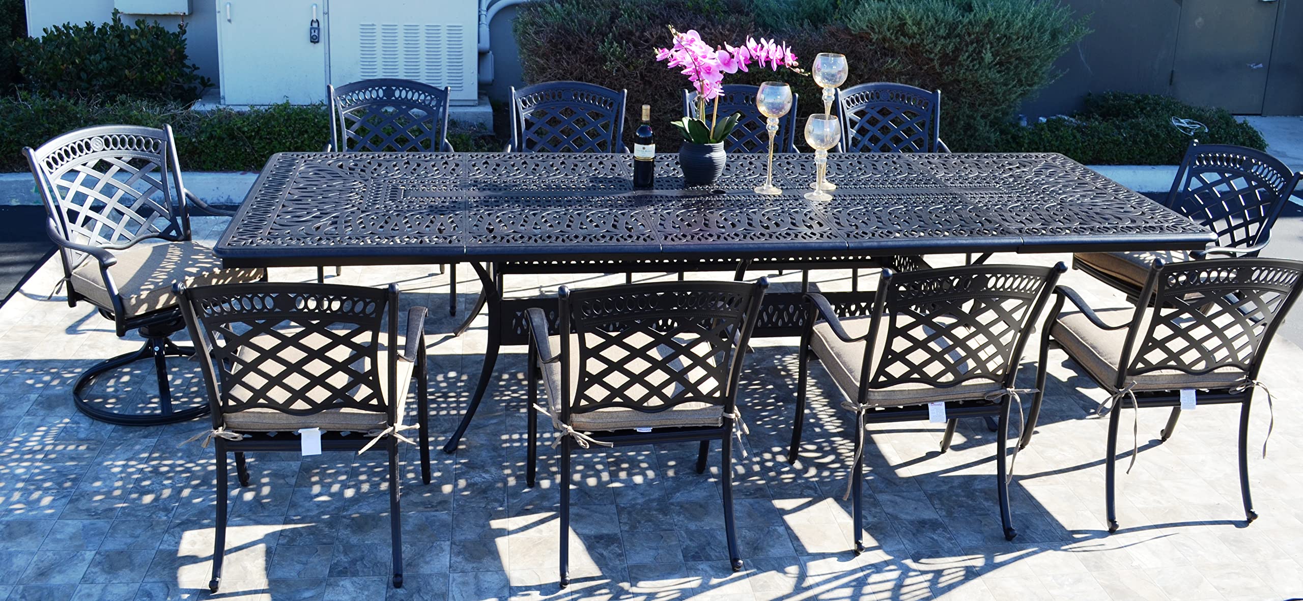Patio Land St Augustine Outdoor Cast Aluminum Powder Coated 11-Piece Dining Set with Extendable 48x132 Table (with 10 Swivel Rocking Chairs)