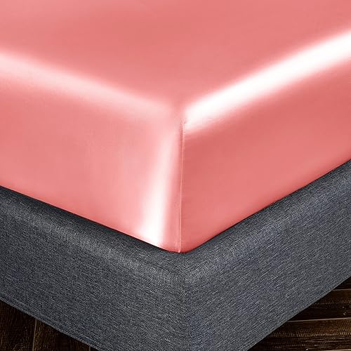 Miniatura 8 de Juego de sábanas de satén de 4 piezas con bolsillo profundo de 18 pulgadas, juego de ropa de cama de satén sedoso marrón camello de lujo con 1