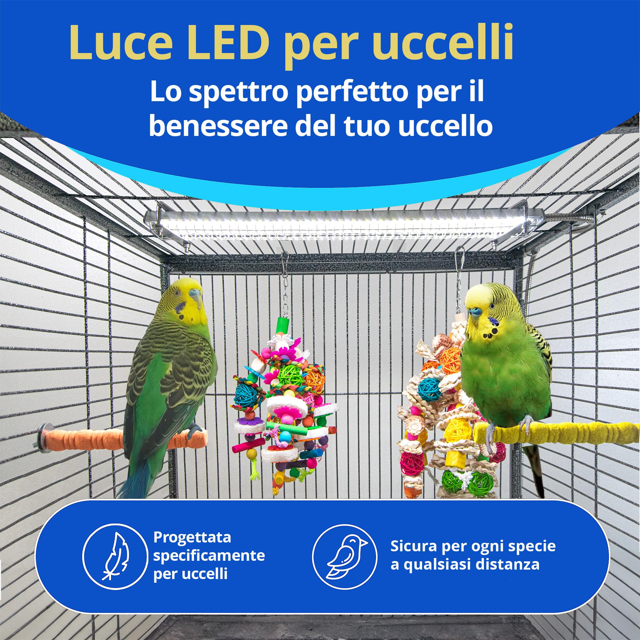M&M Cage Company Luce per Gabbia HappyBird con Protezione Anti-Morso – LED a Spettro Completo – Illumina in Modo Naturale – Sicura per Pappagalli – Facile da Installare