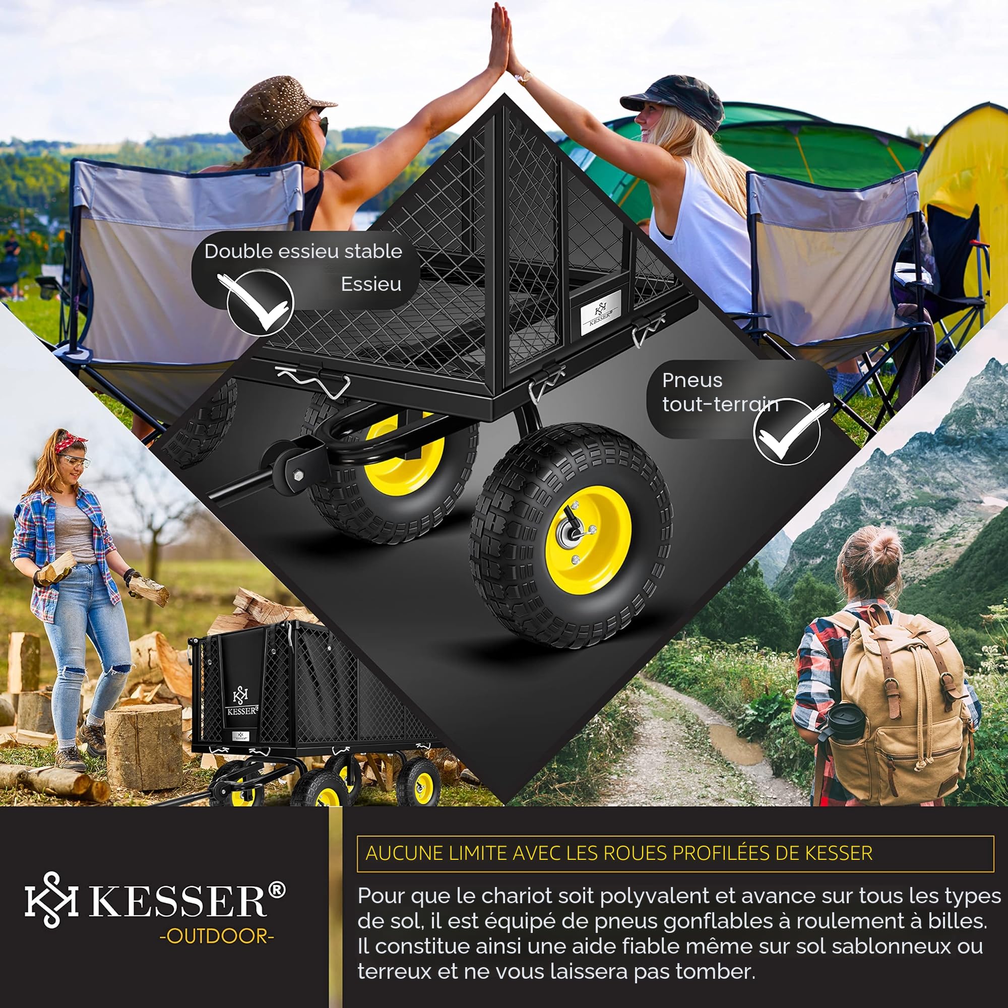 KESSER® Chariot de Transport 550 kg - Transport, Jardinage, Outils - Bras Nouveau - Noir