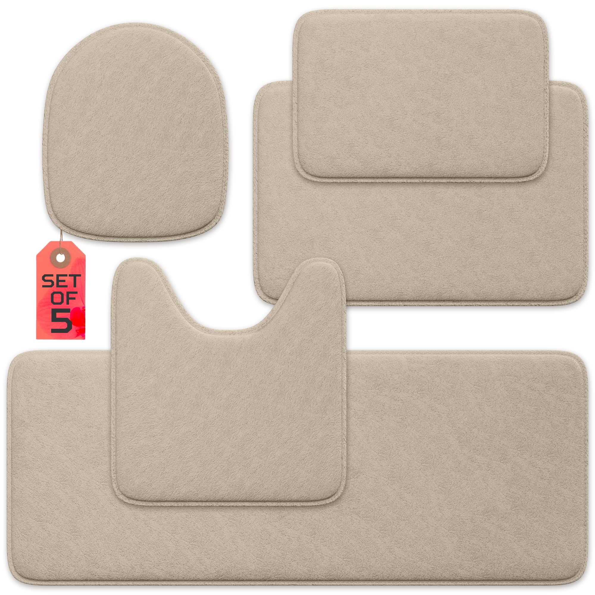 Elvoki 5-Piece Bathroom Rug Set - Memory Foam Bath Mats, Non-Slip, Ultra-Soft, Water Absorbent, Machine Washable Bathroom Rugs - Beige