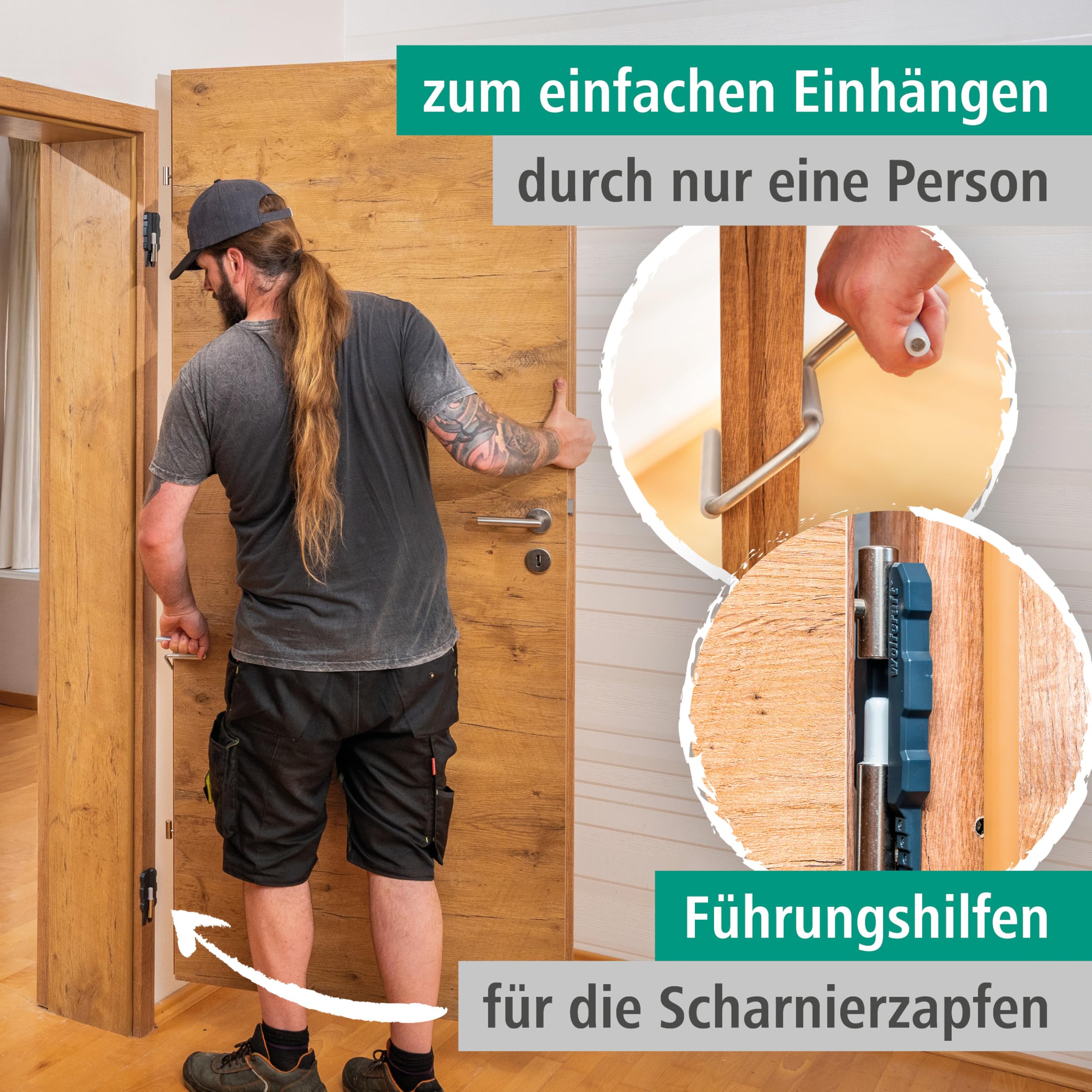 wolfcraft Türfutter-Montage-Set „PRO“ 12tlg. - + Türblatt-Montage-Set Hebebügel aus Stahl, Führungshilfen mit Messskala I Einfaches Einhängen und Tragen durch eine Person