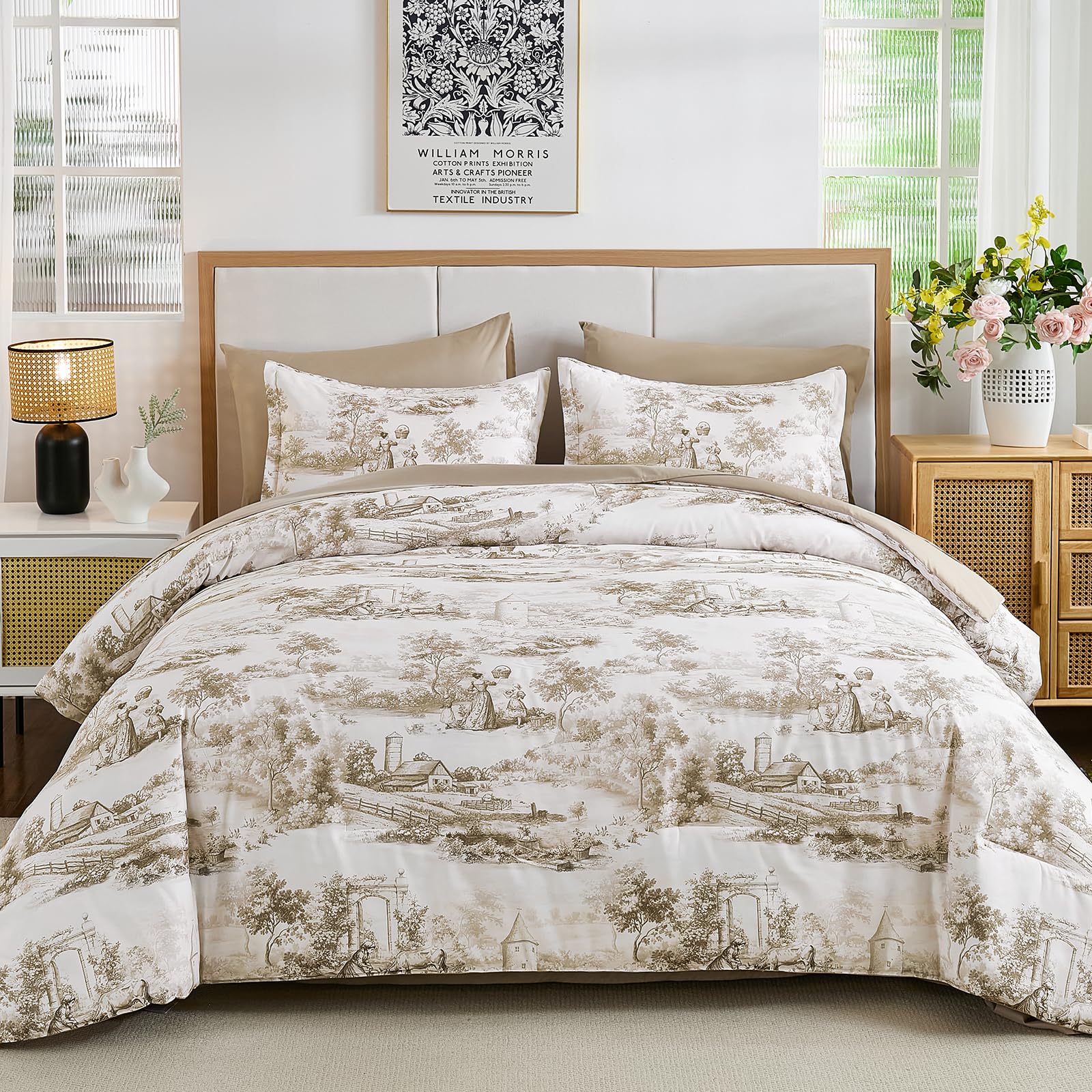 Parure de lit complète 7 pièces grand lit drap housse couette marron floral
