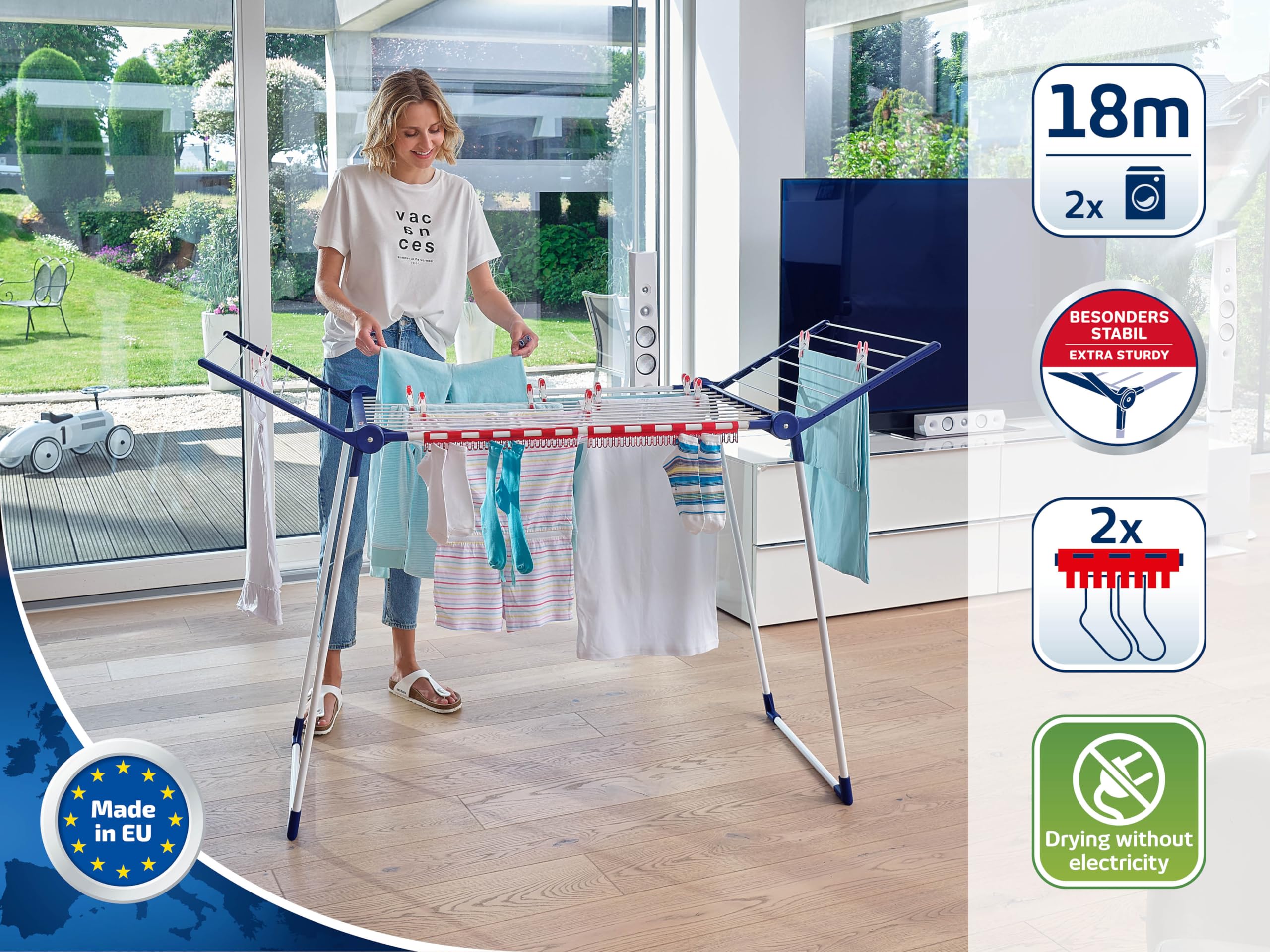 Leifheit Standtrockner Pegasus 180 Solid, Wäscheständer mit Flügeln für Lange Kleidungsstücke, standfester Flügelwäschetrockner für drinnen und draußen, klappbar - 4