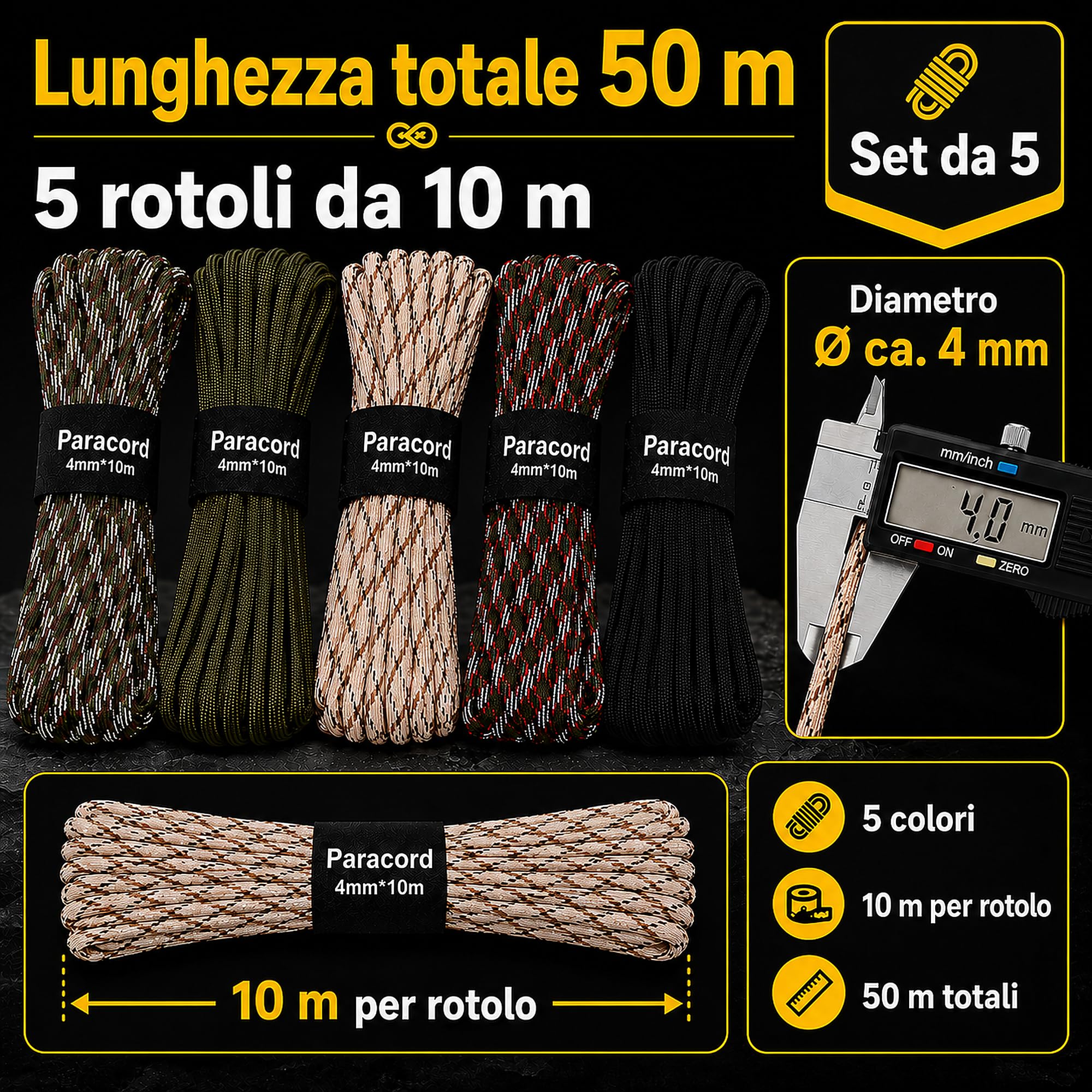 Paracord 50M 4mm 250kg Carico di Rottura 7 Fili Centrali 100% Nylon per Sopravvivenza Campeggio Escursionismo 5 Colori