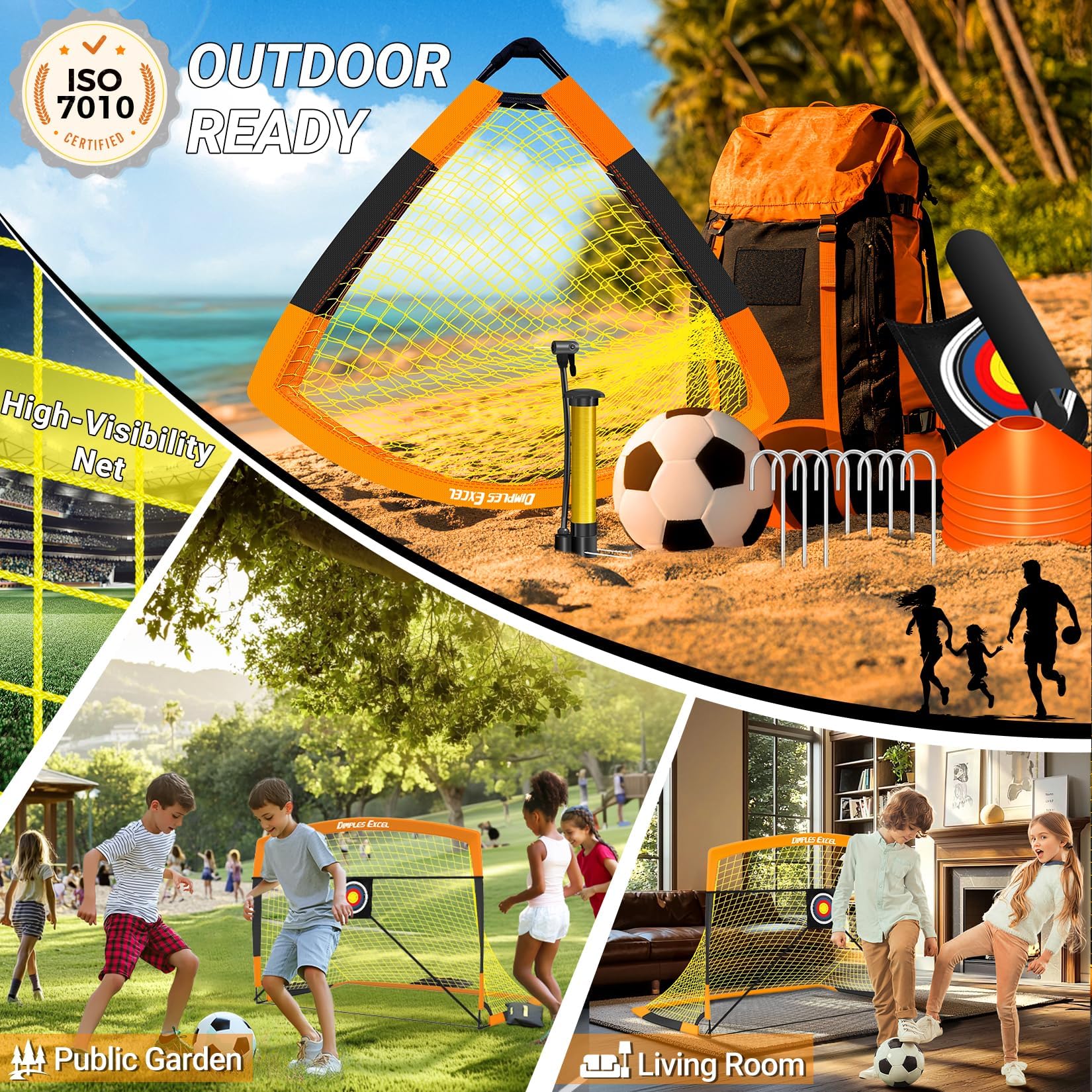 Dimples Excel Soccer Goals - Red de fútbol para niños para Patio Trasero de 7 x 5 pies, 5 x 3.6 pies, 4 x 3 pies, 3 x 2.2 pies