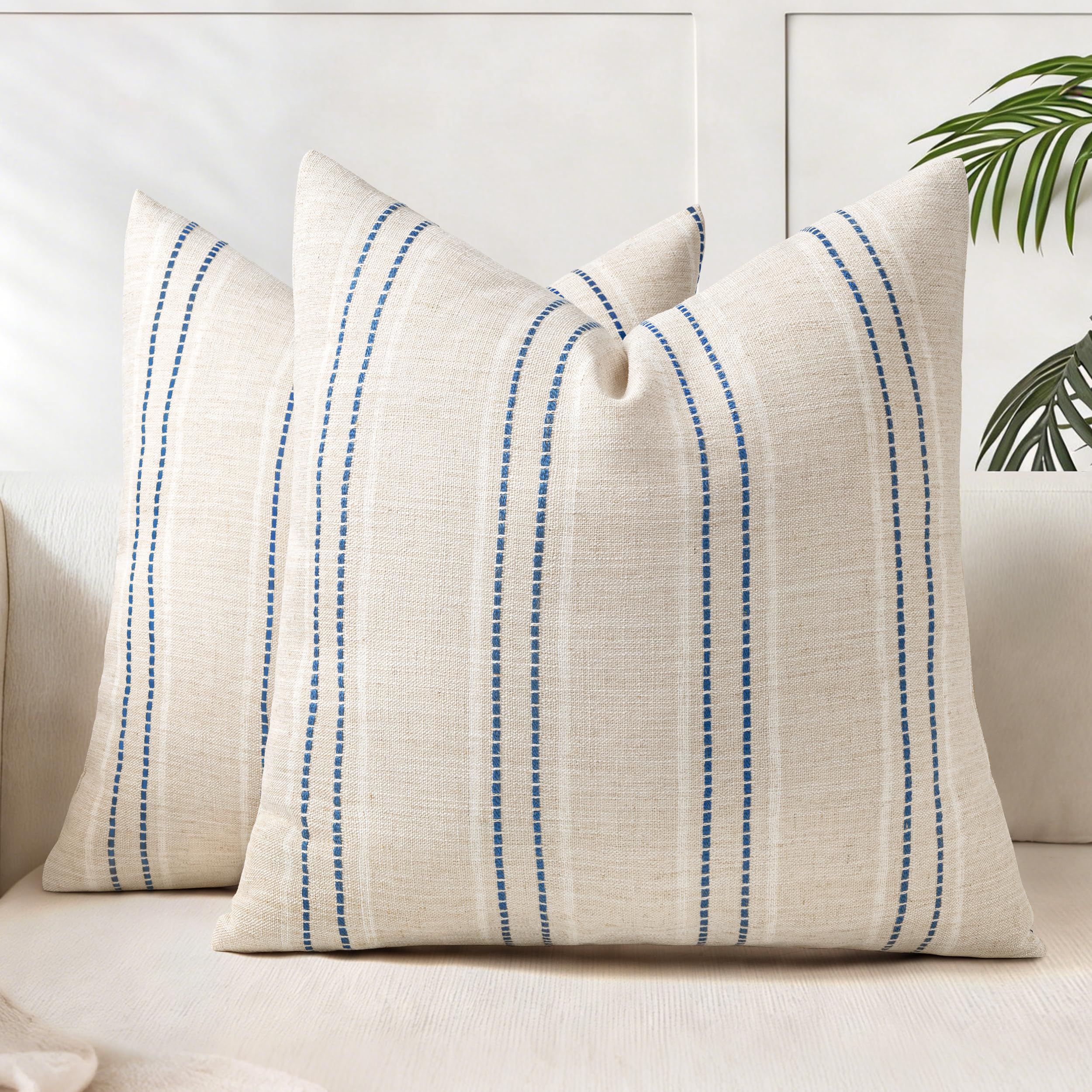 AELS 16x16 Decorative Farmhouse Linen Blend Throw Pillow Covers, Boho Textured Pillow Case, Set of 2, Beige with White & Navy Blue Stitch Yarn Dyed Stripe Cushion Cover for Living Room (Cover ONLY)