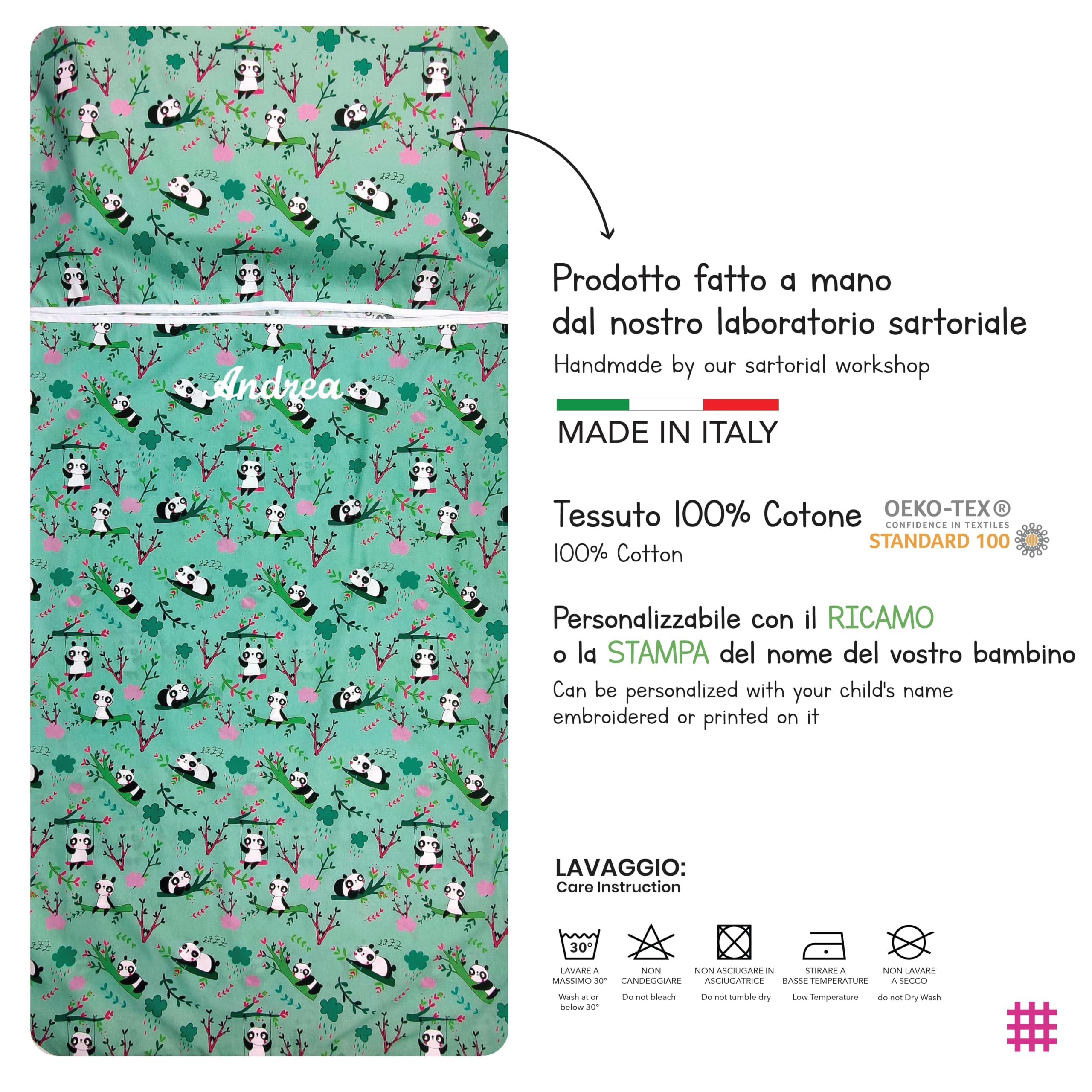 Letnia torba Nanna Haftowana dla dzieci i Bimba od 2 do 6 lat - 100% bawełna - Made in Italy (Sacco Nanna panda)