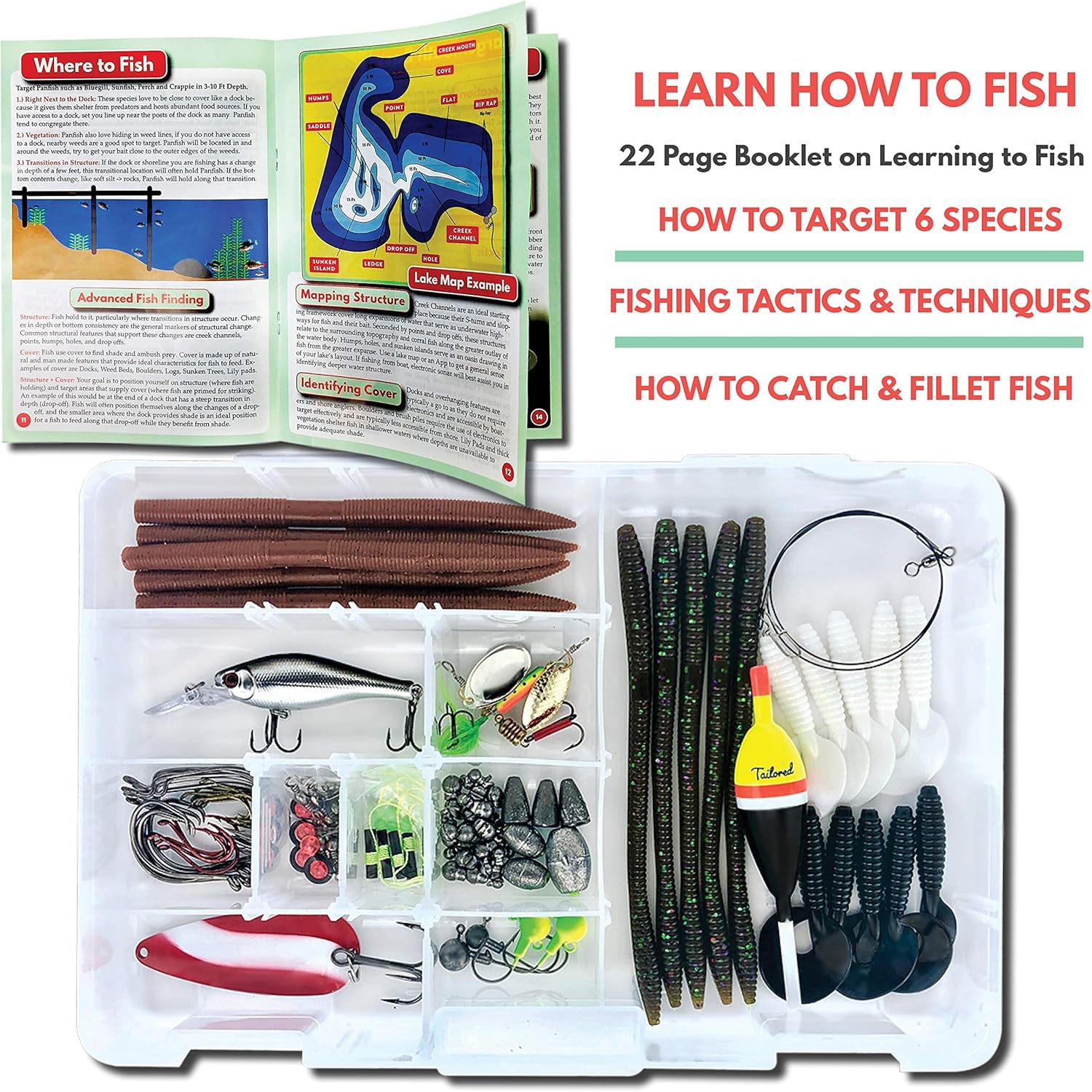 Tailored Tackle Freshwater Fishing Kit 119 pc Tackle Box with Tackle Included Pliers Lures Spinners Spoon Bait Worms Jigs Hooks Starter Equipment Gifts & Gear to Fish for Bass Walleye Trout : Sports & Outdoors