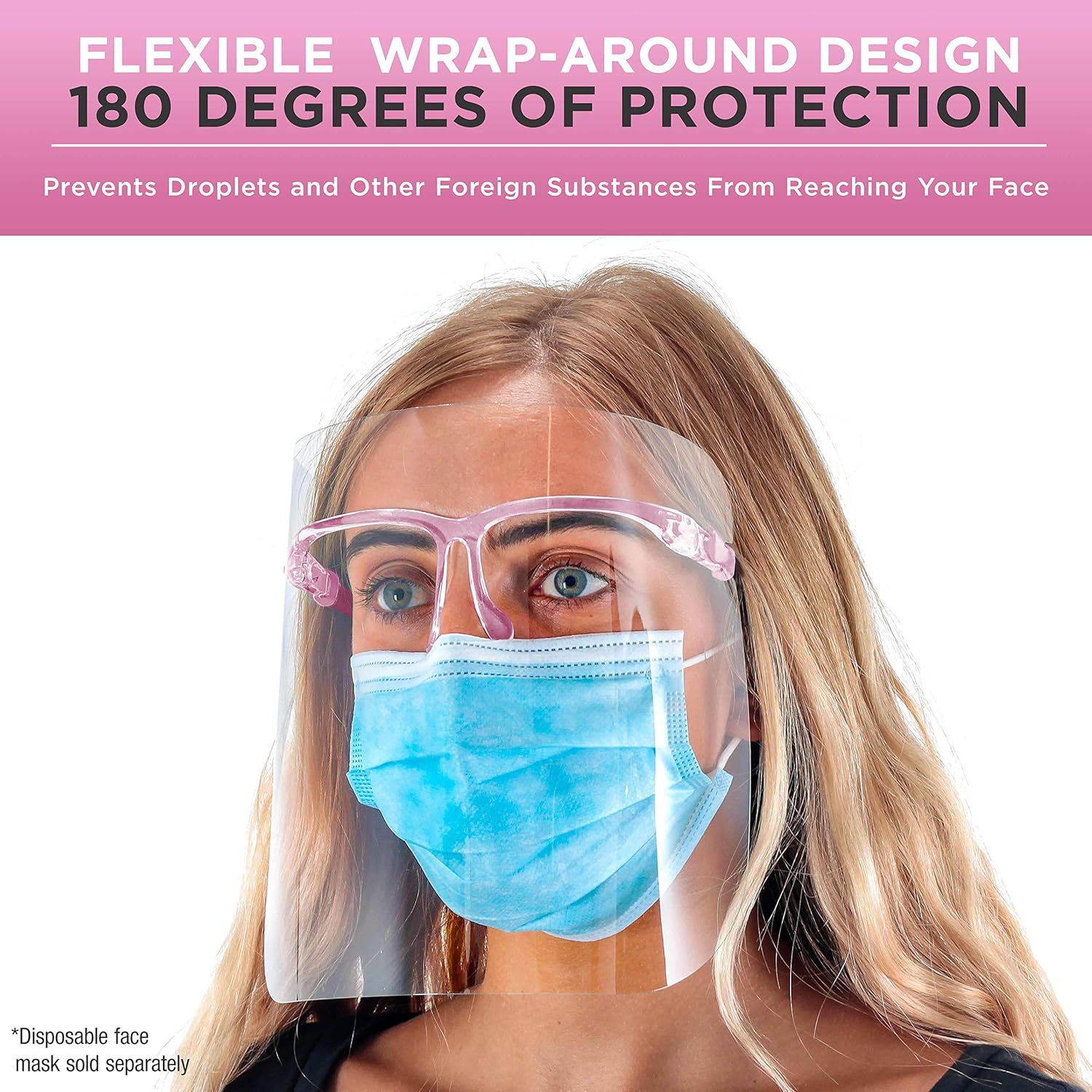 TCP Global Salon World Safety Face Shields with Pink Glasses Frames (Case of 200) - Ultra Clear Protective Full Face Shields to Protect Eyes, Nose, Mouth - Anti-Fog PET Plastic, Goggles