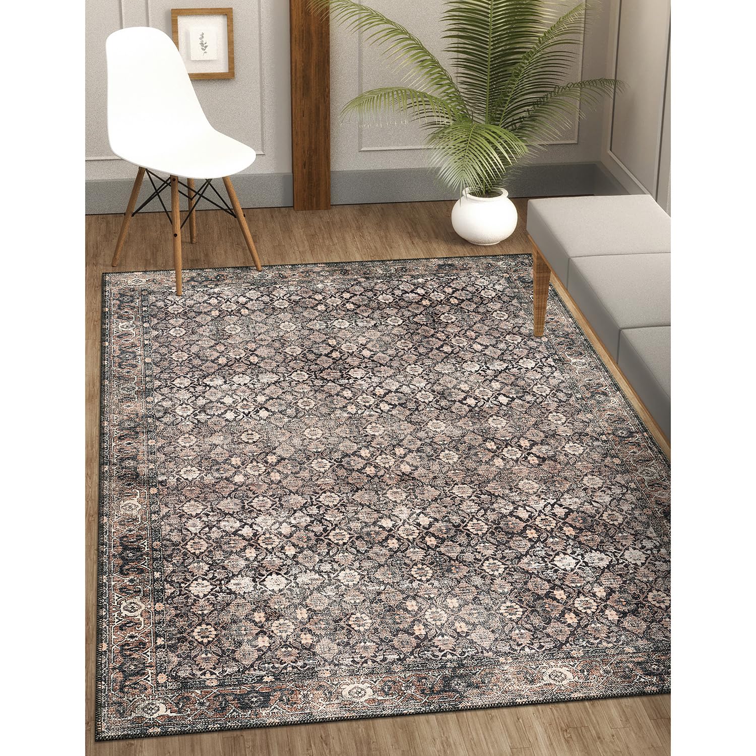 CAMILSON Machine Washable Living Room Rugs Oriental Retro Persian Vintage Distressed Floral Area Rug 5x7 Non-Shedding Non-Slip Stain Resistant Indoor Carpet for Hallway Kitchen (5 x 7 / Wood Beige)