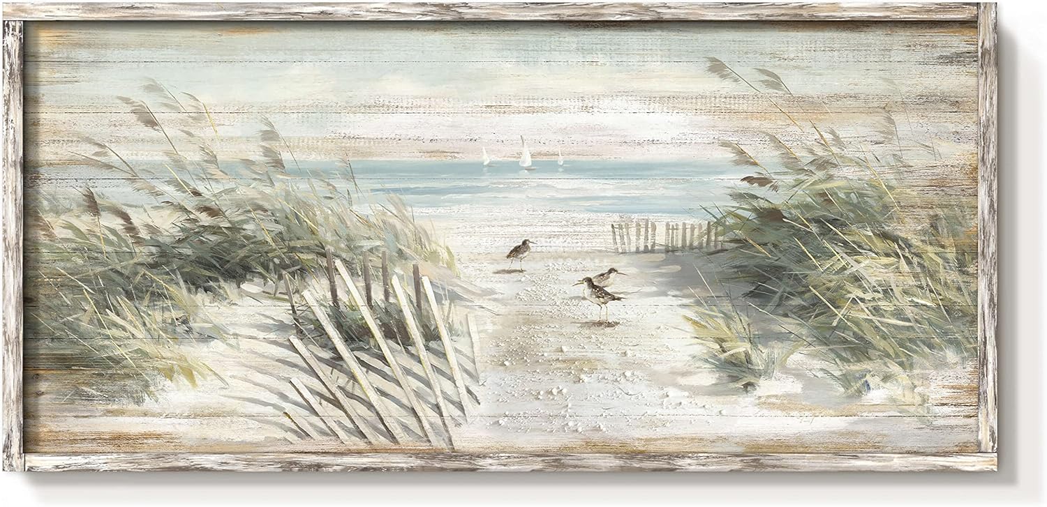 Beach Framed Wooden Wall Art: Coastal Reed Sandpiper Painting Ocean Nautical Perching Bird Picture Seascape Grass Seabirds Artwork Decor for Living Room Bedroom
