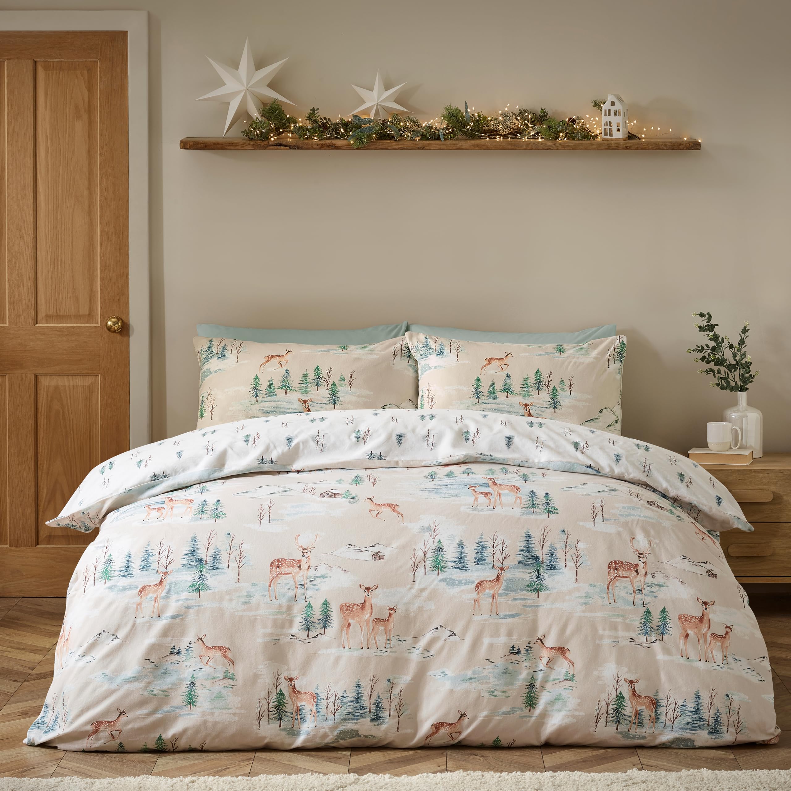Catherine Lansfield Brushed Christmas Deer King Duvet Cover Set Natural