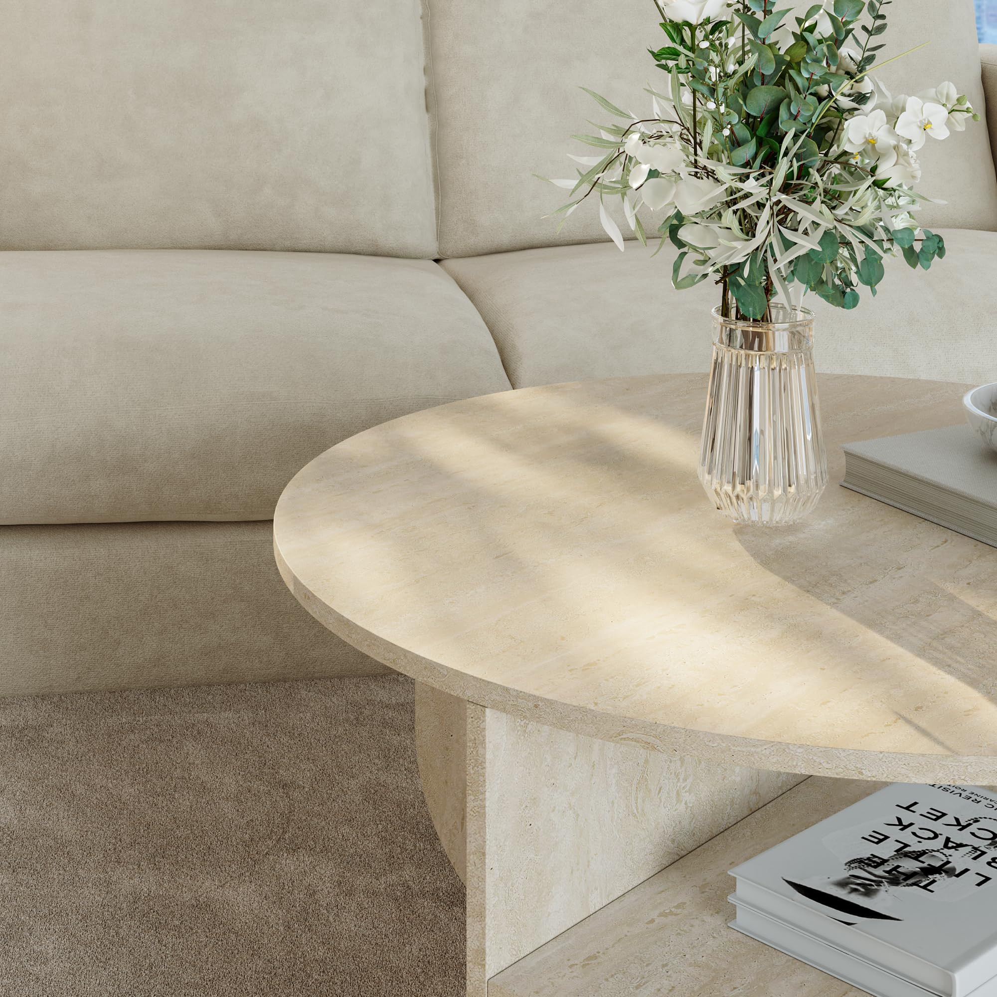 [en.casa] Tavolino Centrale da Salotto Tavolo Basso Rotondo con Ripiano Tavolino da caffè per Soggiorno Area Living Ø80 x 41 cm Color Avorio Travertin